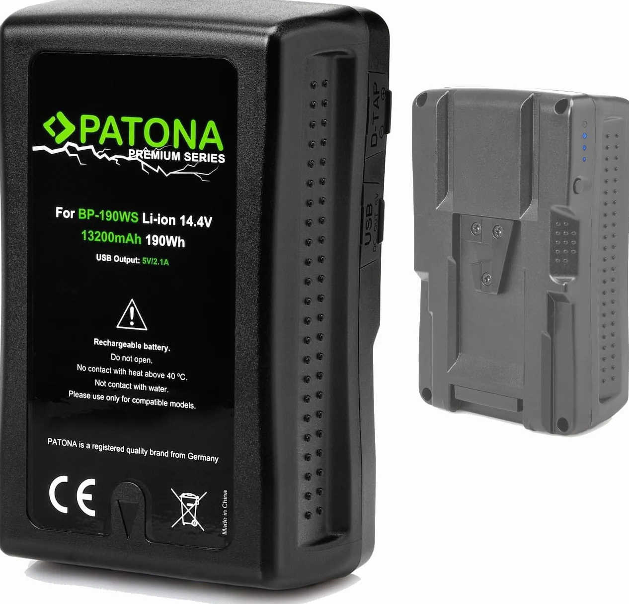 PATONA Premium Batteria V-Mount 190Wh (14,4V 13200mAh) – sostituisce Sony BP-190WS BP-GL95 BP-GL65 – con D-Tap e uscita USB, indicatore LED – per camcorder broadcast, URSA e luci video