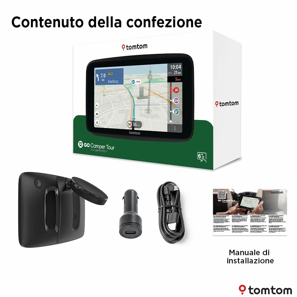 TomTom Navigatore per camper e roulotte GO Camper Tour (schermo da 6", PDI per camper, aggiornamenti Wi-Fi, TomTom Traffic, 6 mesi di avvisi autovelox, mappe d'Europa, indicatore corsia in movimento)