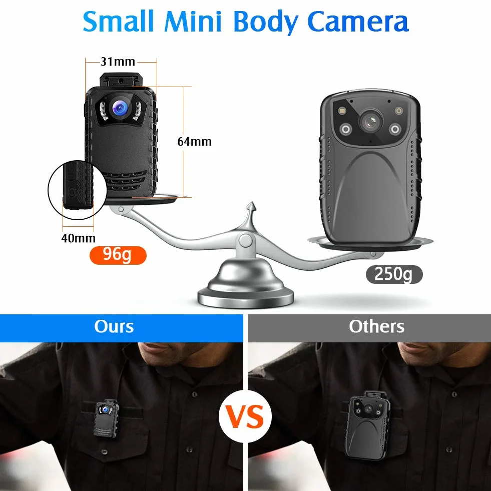 BOBLOV N9 Mini Body Camera, 64 GB Full HD 1296P Body Mount Camera Piccola telecamera, Bodycam portatile per visione notturna della polizia per la protezione quotidiana
