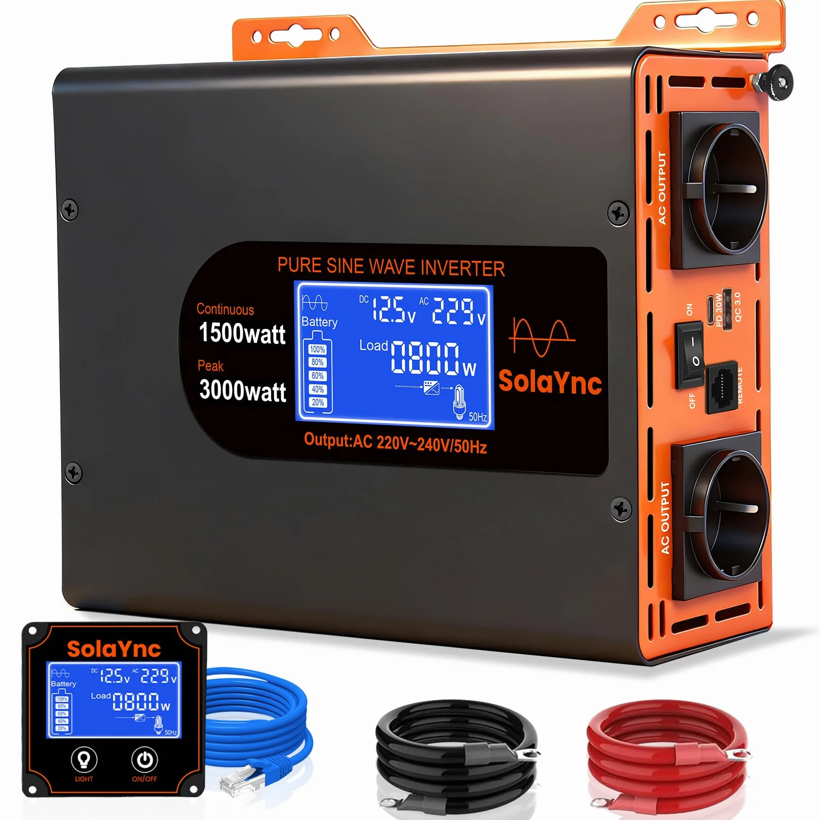 Inverter 1500W/3000W 12V 220/230V Onda Sinusoidale Pura,2 EU Presa,Porta Type-C da 30W e porta USB, telecomando LCD schermo LCD,Adatto per Elettrodomestici, Camper Campeggio