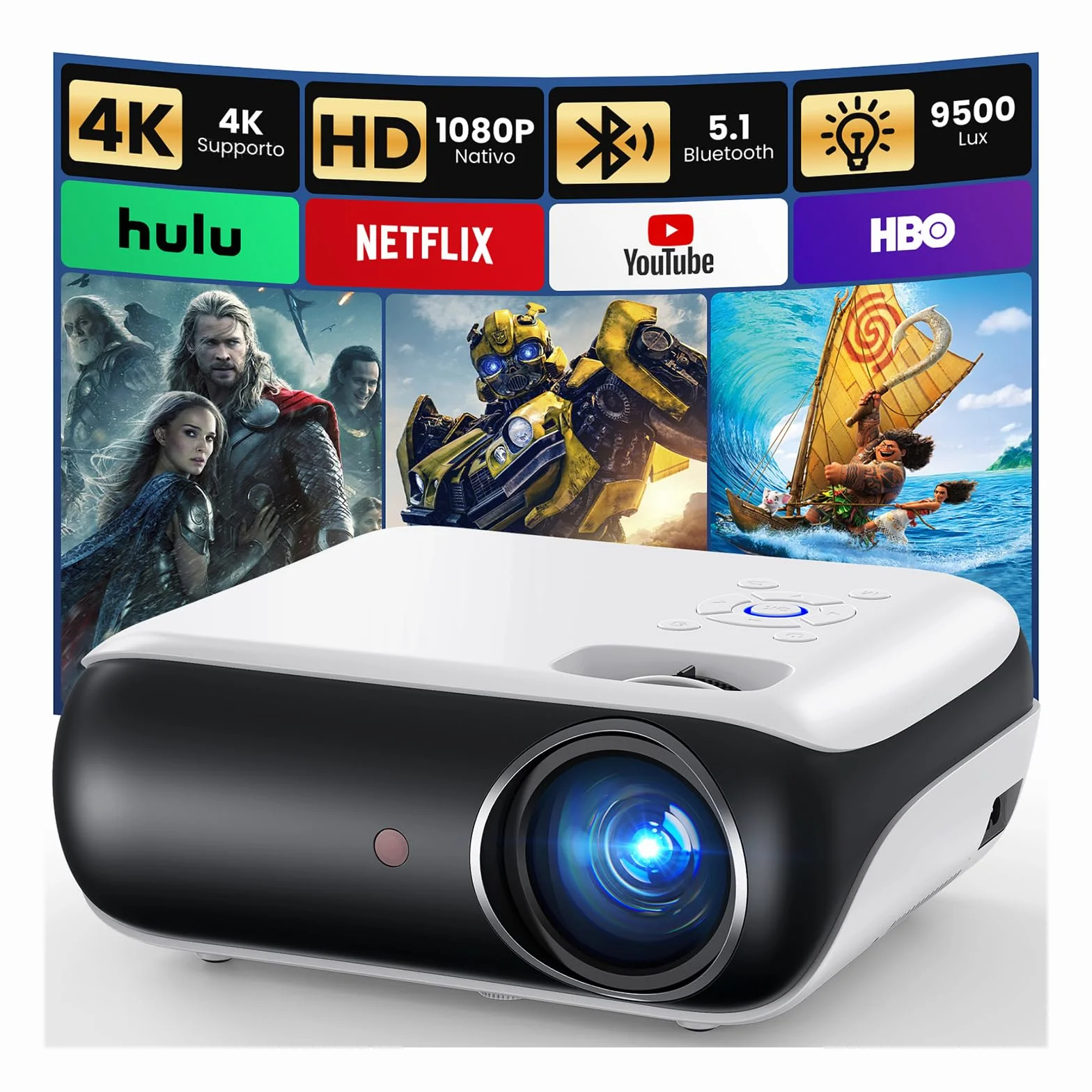 HAPPRUN H1 Proiettore 4K, Videoproiettore Portatile 1080P Full HD Bluetooth 5.1, HDMI TV Stick USB PS5 Laptop