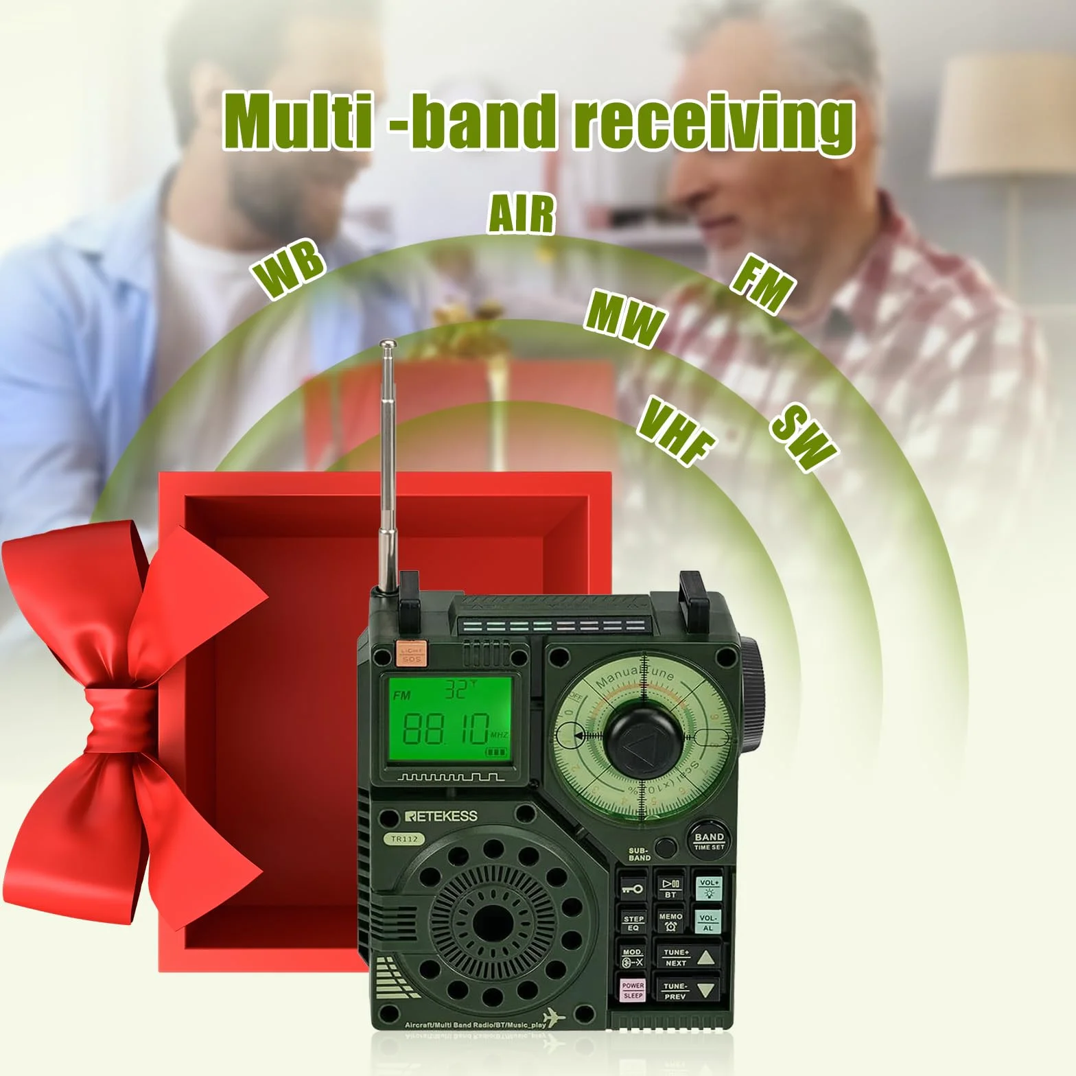 Retekess TR112 Radio Multiband Bande,FM VHF MW SW WB AIR Radio,Basse Stereo SOS Avviso,Controllo Telecomando per Applicazioni Intelligenti,MP3/TF,Campeggio,Pesca(Verde)