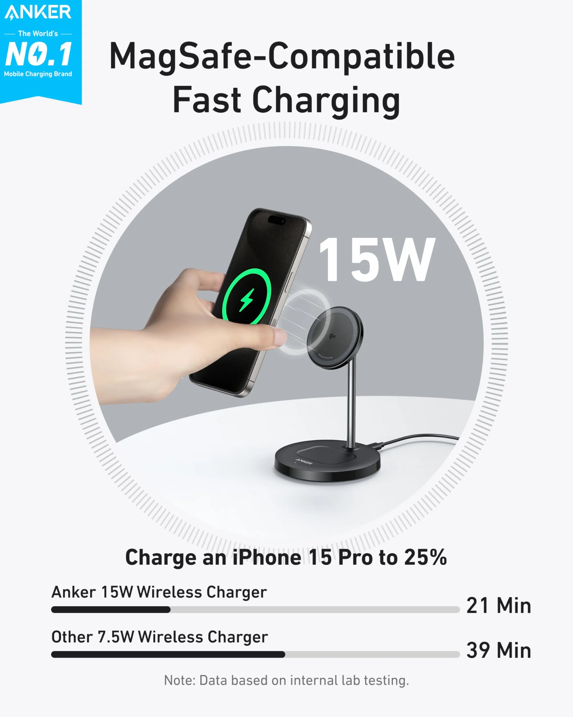 Anker Caricatore Wireless iPhone 15W Supporto di Ricarica Regolabile 2 in 1 con Cavo USB-C da 1,5m, doppio LED, Ricarica Ultraveloce 15W MagSafe per iPhone serie 16/15 e AirPods (senza adattatore AC)