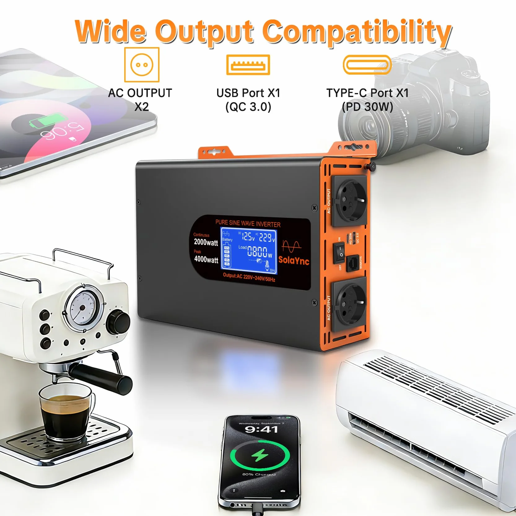 Inverter 2000W/4000W 12V 220/230V Onda Sinusoidale Pura,2 EU Presa,Porta Type-C da 30W e porta USB, telecomando LCD schermo LCD,Adatto per Elettrodomestici, Camper Campeggio