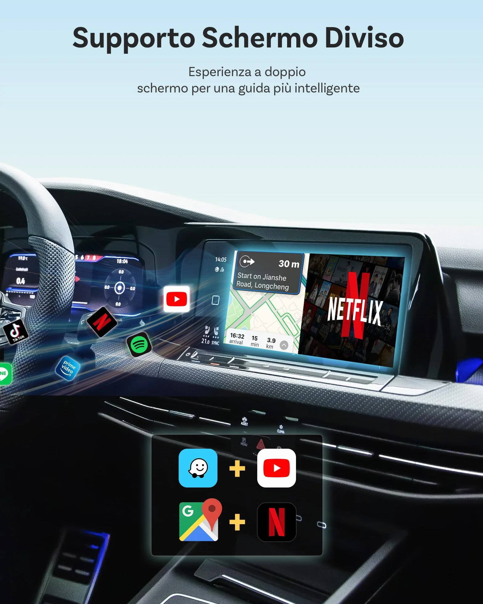 OTTOCAST OttoAibox E2 2026 AI Box, 3-in-1 CarPlay e Android Auto Wireless Android 13 Streaming Box, Adattatore CarPlay Wireless Dual WiFi, Schermo Diviso, Bluetooth 5.0, Aggiornamento FOTA