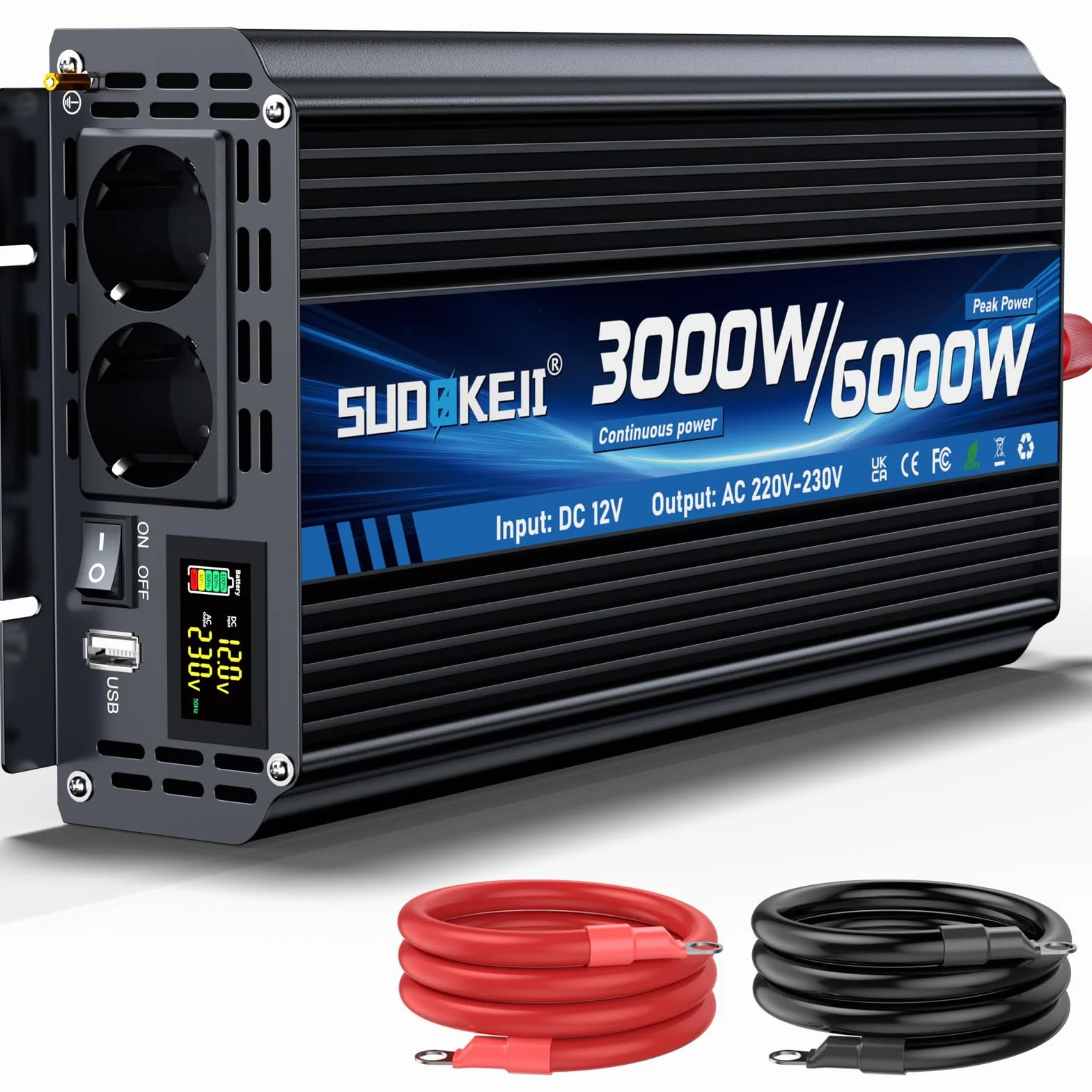Inverter 12 V 230 V 3000 W/6000 W convertitore di tensione modificato Sinus Wave Inverter con 2 prese AC e porta USB e Type-C per auto camper veicoli