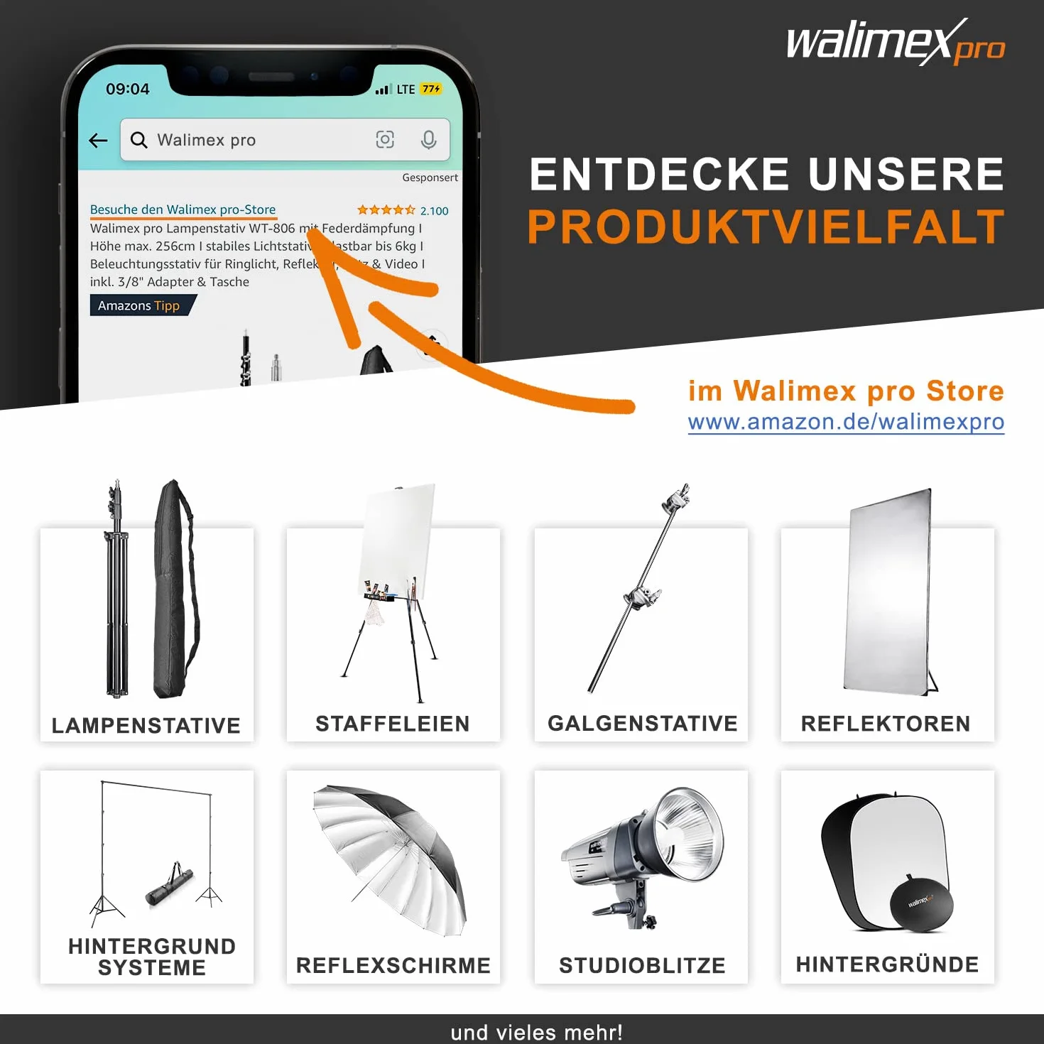 walimex Pro 2X treppiede per lampada WT-806 con ammortizzatore a molla I max. 256 cm I Treppiede per illuminazione stabile in grado di supportare fino a 6 kg