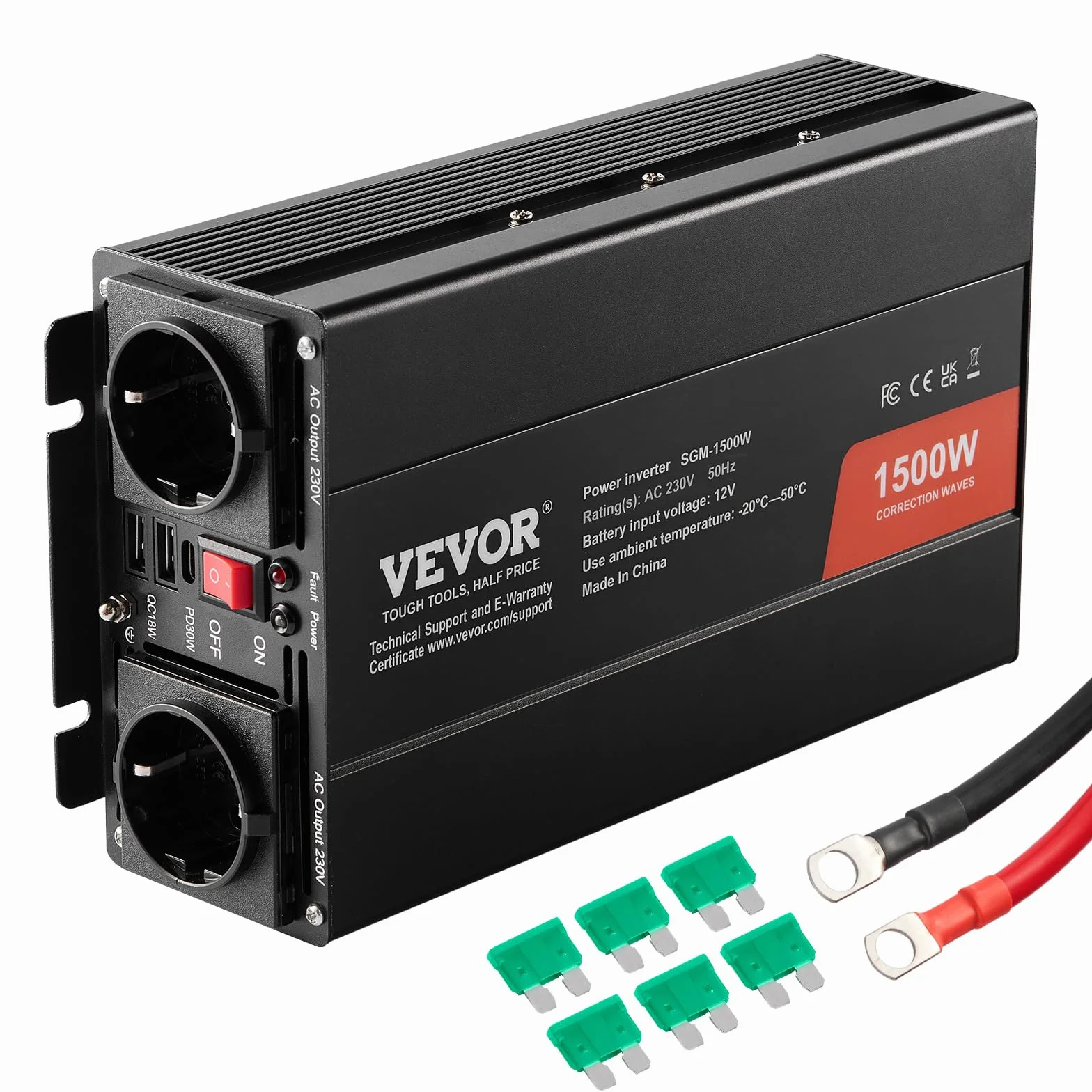 VEVOR Convertitore di Potenza a Onda Sinusoidale Modificata, 1500W, DC 12V a AC 230V con 2 Prese AC, 2 Porte USB, 1 Porta Tipo C, 6 Fusibili di Ricambio, per Piccoli Elettrodomestici, Smartphone, PC