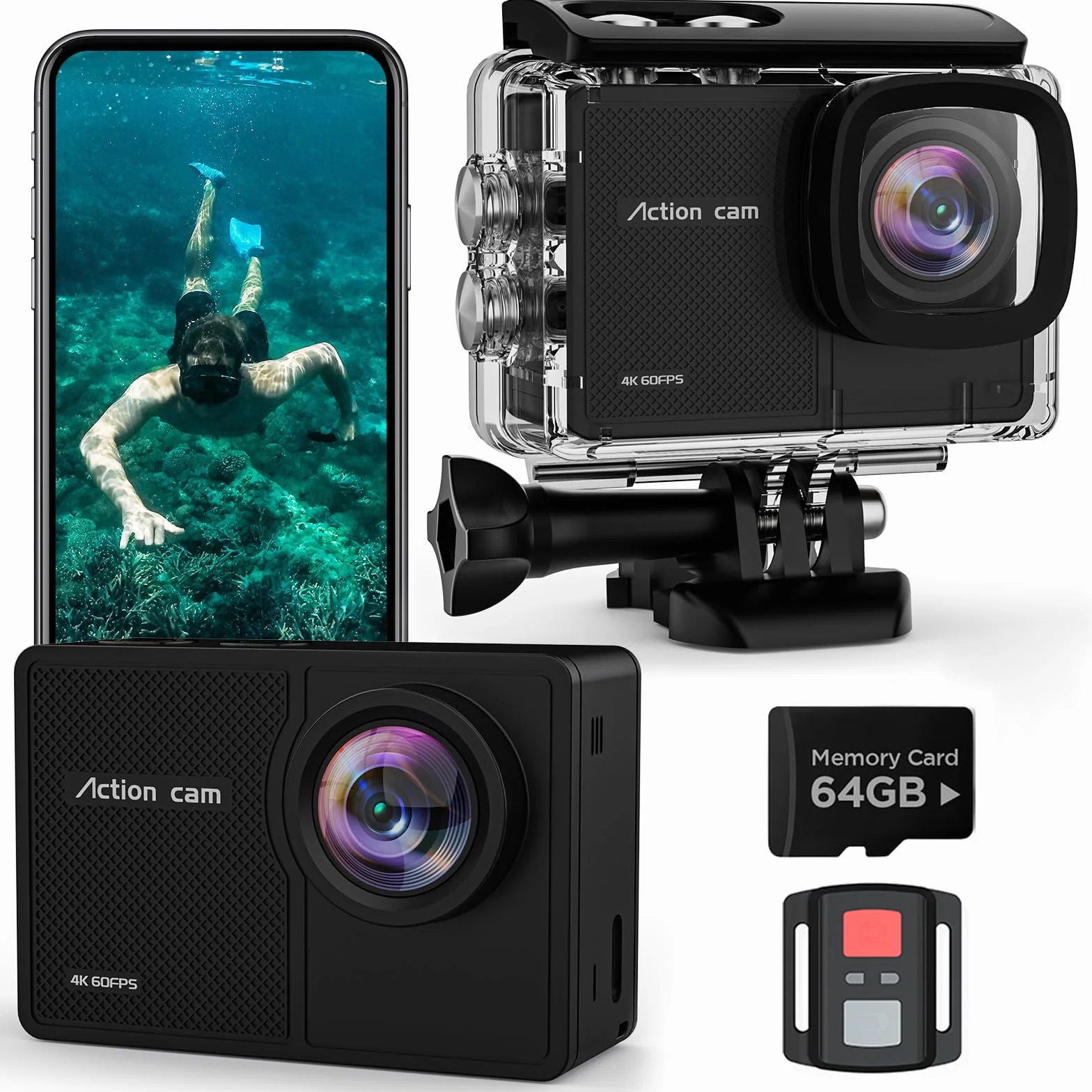 4K 60FPS Action Cam, 40M Fotocamera Subacquea con scheda SD da 64 GB, 48MP HD WIFI Videocamera con Telecomando,EIS Telecamera Sott'acqua,2x1350mAh Batterie e Accessori di Montagg