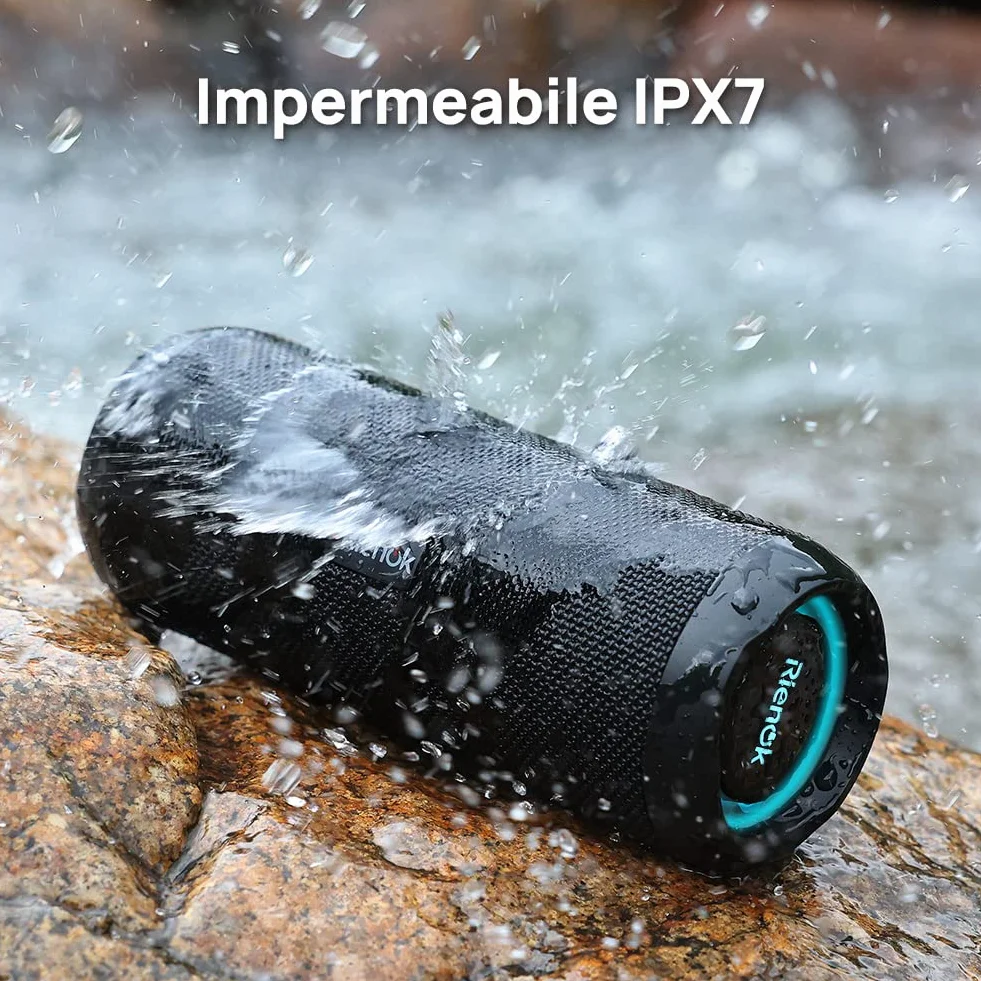 RIENOK Cassa Bluetooth Portatile Potente 30W IPX7 Impermeabile Altoparlante Bluetooth, Bassi Potenti, Luce LED, AUX & Micro SD