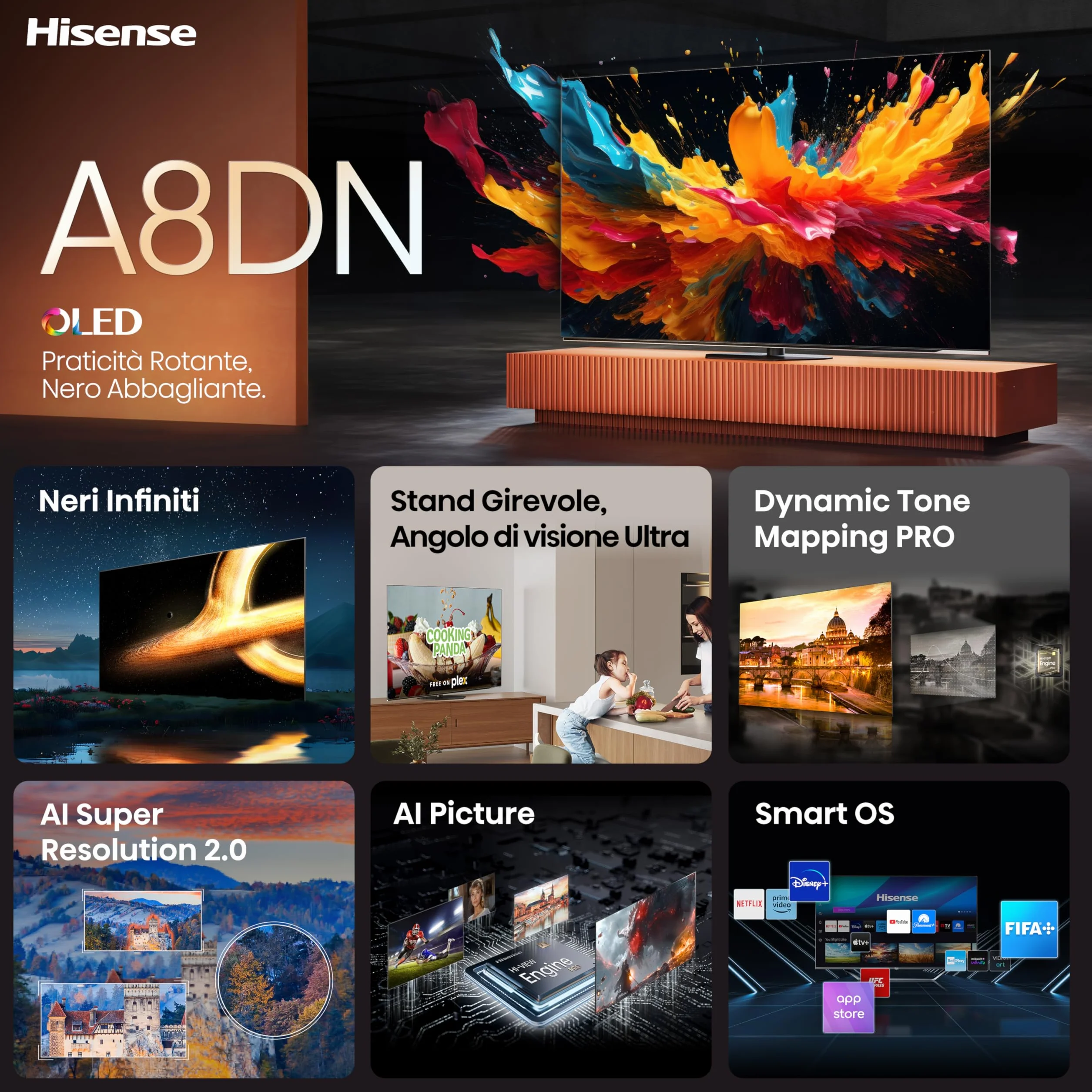 Hisense TV 65" OLED 4K 65A8DN Smart TV VIDAA U8 Dolby Vision IQ HDR 10+ 120Hz Game Mode PRO Dolby Atmos