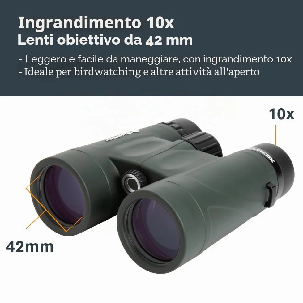 Celestron 71333 Binocolo Nature DX 10x42 mm con obiettivo multistrato, vetro a prisma BaK-4 e custodia per il trasporto, verde
