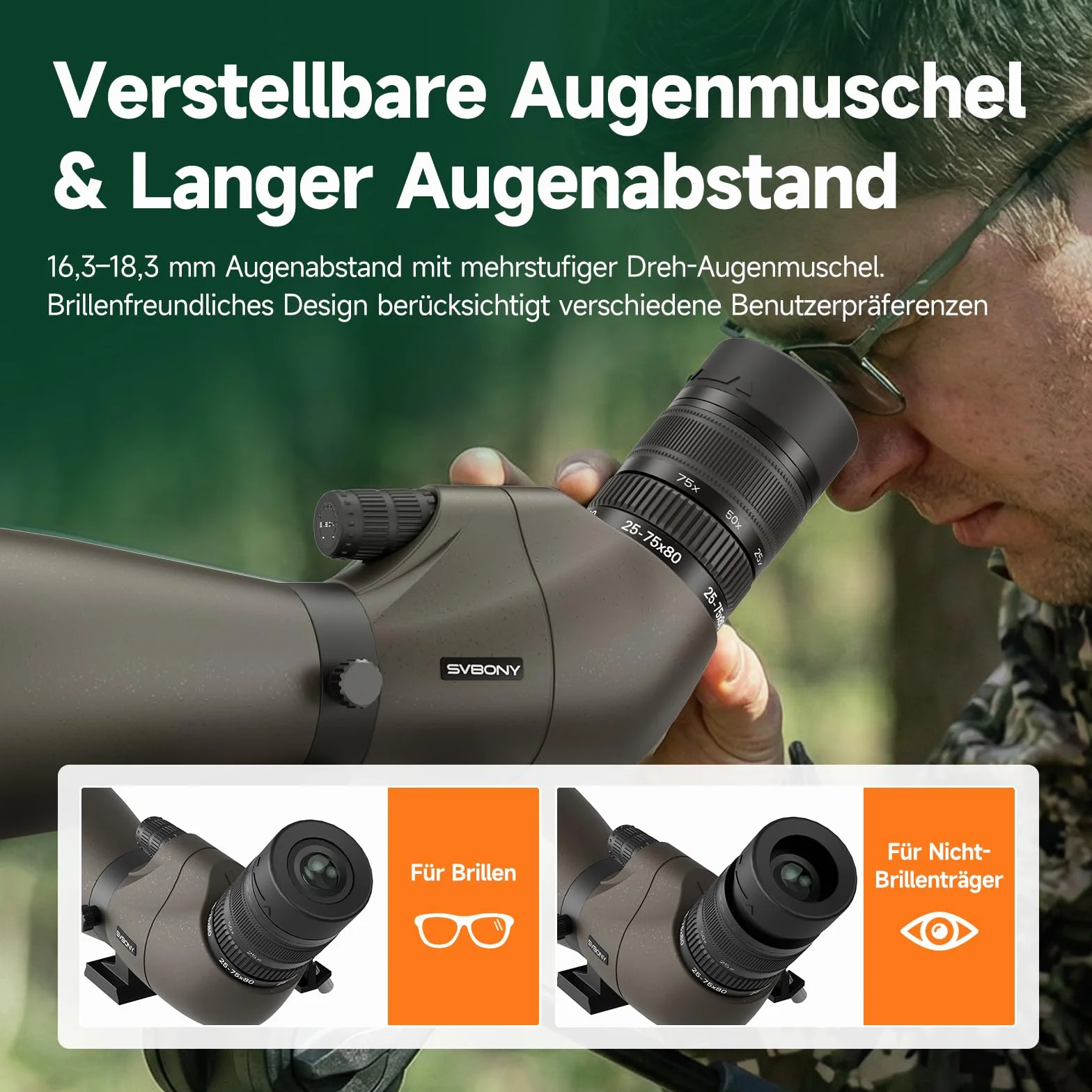 Svbony SV29 25-75x80mm Cannocchiale con attacco a coda di rondine e Treppiede, ampio campo visivo, prisma di Porro FMC, con adattatore per smartphone per tiro al bersaglio, birdwatching e osservazione