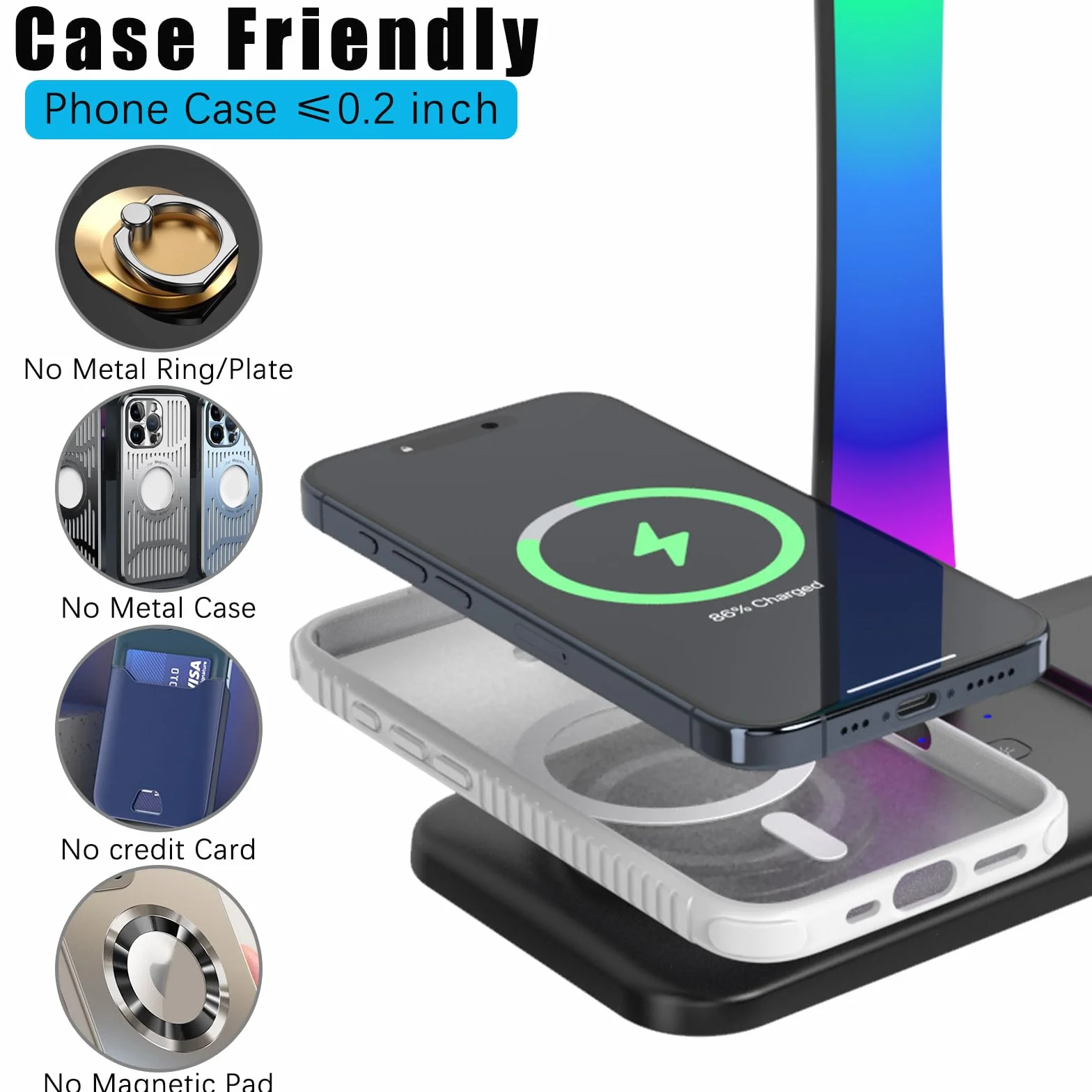 Supporto Per Cuffie con Caricabatterie Wireless,Suppor to Per Cuffie Da Gioco con Luce RGB,Supporto Per Airpod Max Compatibile con Airpod Pro/3/2,iPhone 16/15/14/13/12/11,Regali per Uomini Do (Nero)
