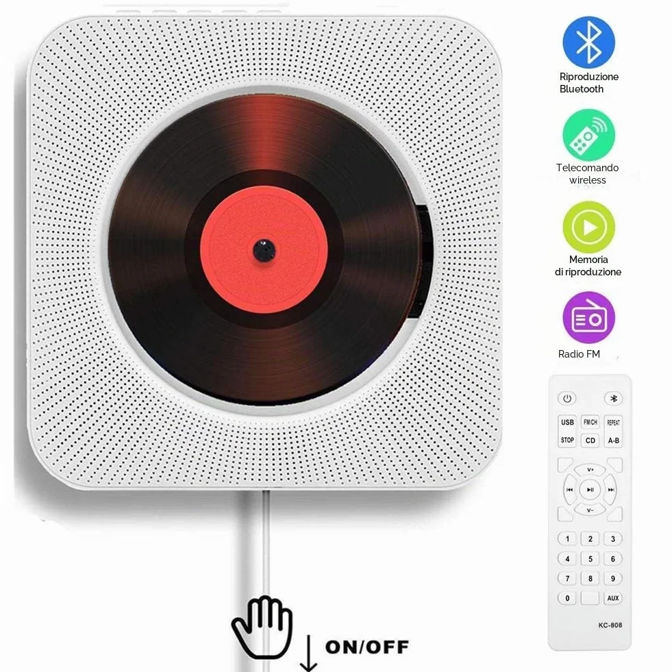 Lettore CD Portatile Bluetooth da Tavolo Montabile a Parete Altoparlanti Hifi Incorporati Boombox Audio Domestico con Telecomando (Bianco)
