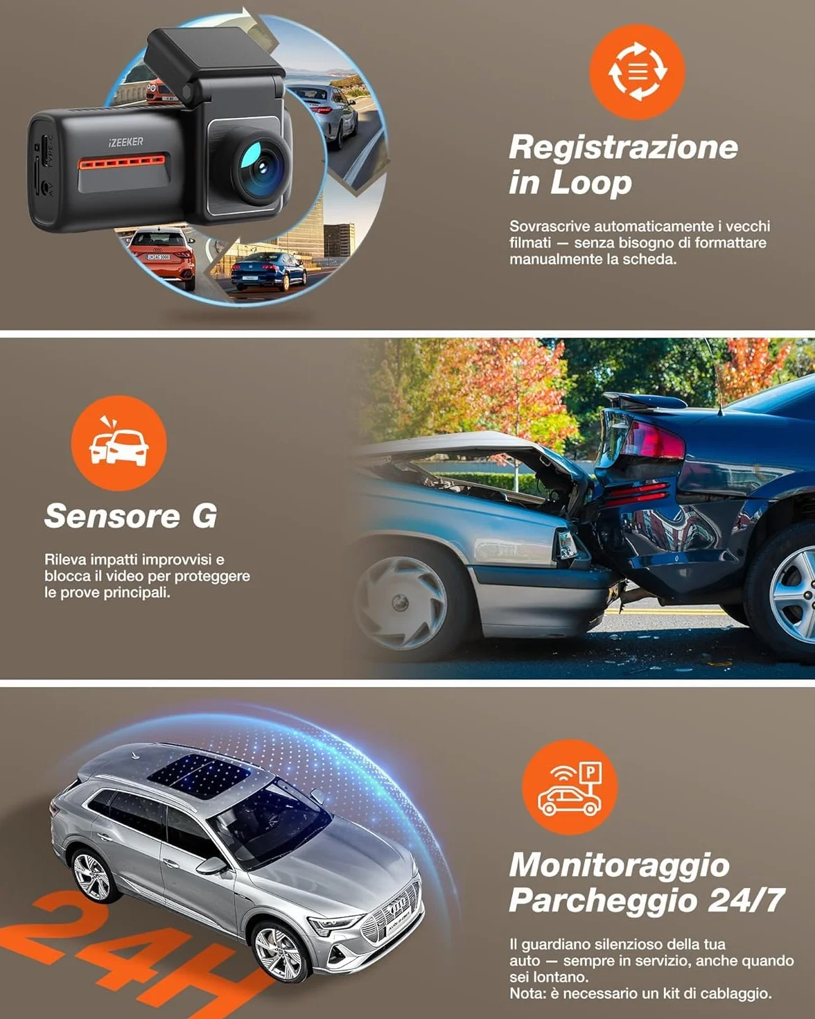 iZEEKER 4K Dash Cam Auto, WiFi 6 Dashcam Auto con Scheda SD 32G, Doppia Dash Cam 4K+1080P, Display IPS da 2,99", APP, Visione Notturna, Sensore G, Registrazione in Loop, Modalità Parcheggio 24H