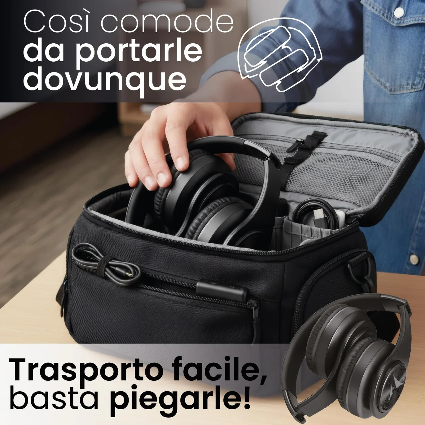 TECHMADE Cuffie Wireless per TV - Ricezione Fino a 30m - Facili da Configurare, Connessione UHF con Ricevitore - Include Adattatore e Cavo AUX, Ottico e Ricarica - Per Adulti, Anziani o Ipoudenti