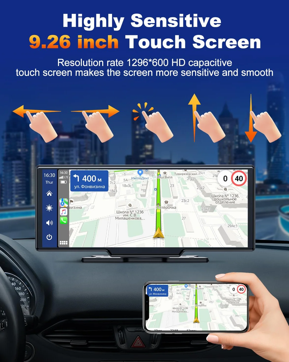 Volam 9.26 pollici Schermo Carplay Auto, Autoradio Portatile con Carplay Android Auto Wireless, Schermo tattile, IOS Mirror Link, Navigazione, Assistente Vocale Siri, G00gle, FM, AUX, Bluetooth 5.0