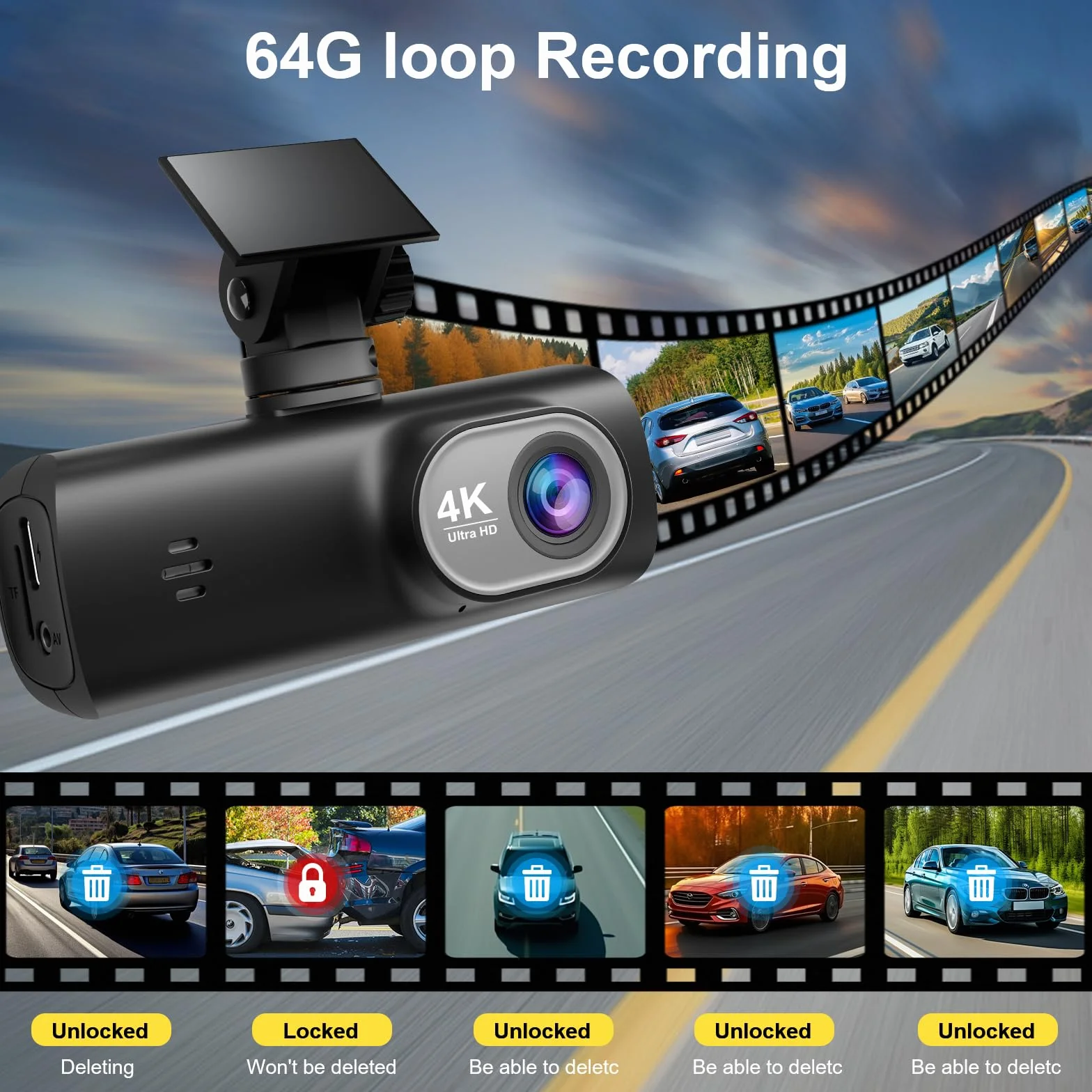 Dash Cam Auto 4k + 1080P, WiFi Dashcam Telecamera per Auto Atti Vandalici con Visione Notturna Migliorata, Sensore di Gravità, Registrazione in Loop, WDR