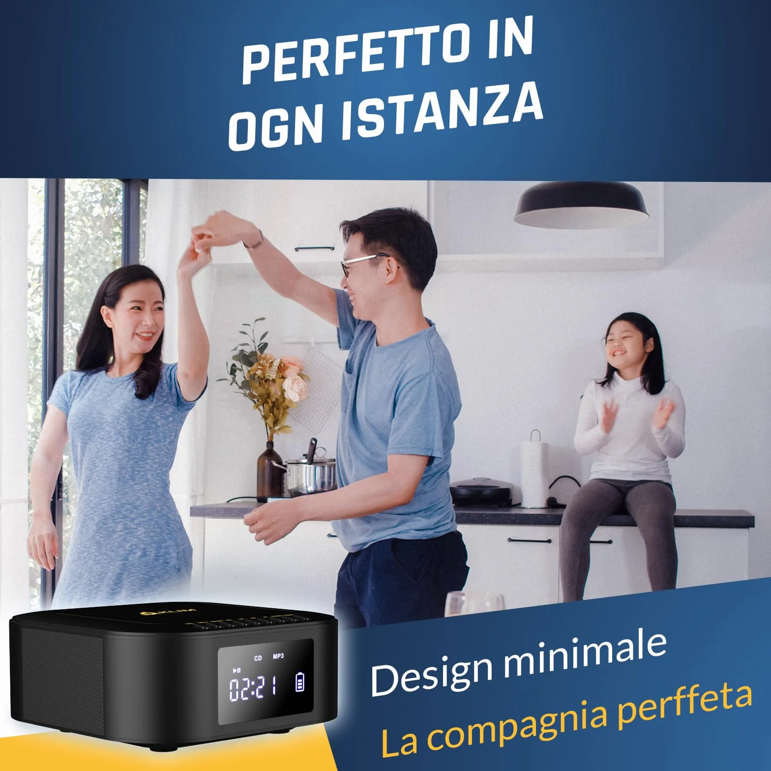 KLIM Lettore CD Stereo Boombox E1 - BASS Boost con Subwoofer - FM Radio con Lettore CD e USB, Bluetooth, AUX - Stereo casa - Filo o Wireless - Batteria ricaricabile, Telecomando - Nero/Oro