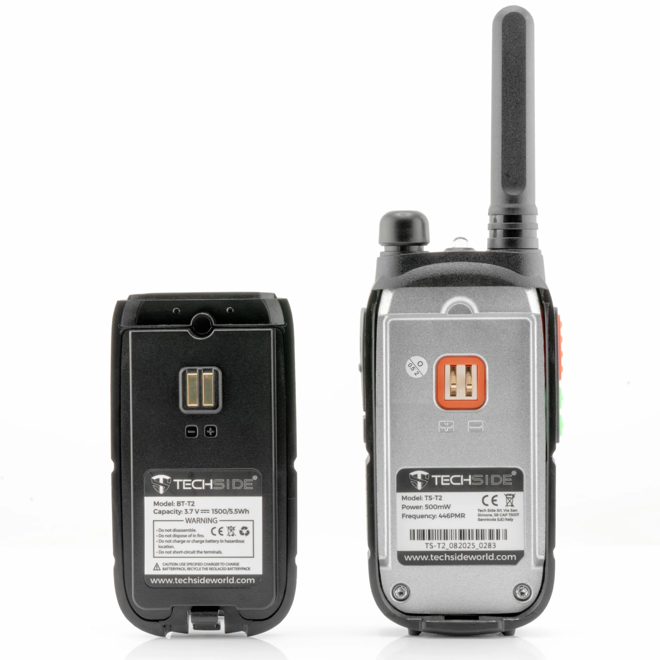 Techside TS-T2 Ricetrasmittente Professionale Walkie Talkie 16 Canali PMR446 (Libero uso) | Vox a 5 livelli | Scansione Automatica Canali | Set di 2 ricetrasmettitori full optional