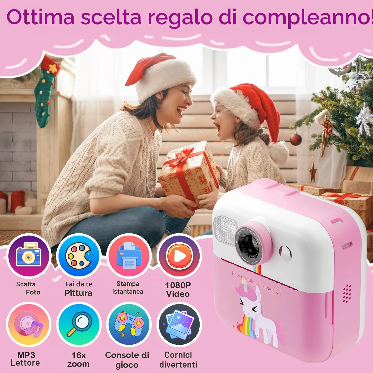 Macchina Fotografica Bambini Istantanea, 2,4 Pollici 1080P Fotocamera Bambini Selfie con Carta da Stampa e 32GB Scheda, Giocattolo Regalo di Natale Bambino e Bambina 3 4 5 6 7 8 Anni (Rosa)
