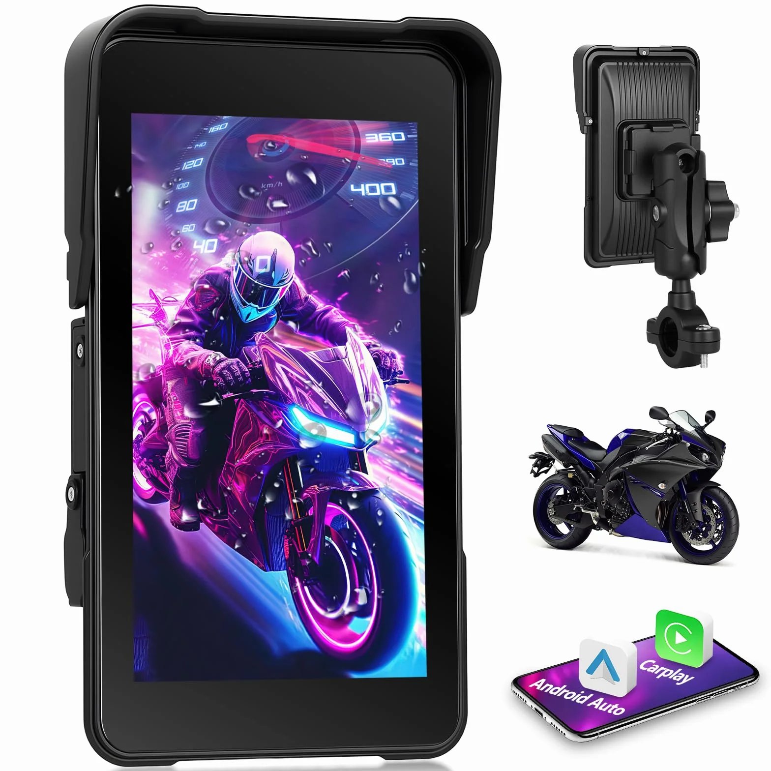 Navigatore per moto con Apple CarPlay e Android Auto Wireless, Autoradio Portatile Touchscreen HD 5 Pollici Bluetooth FM Impermeabile IP68