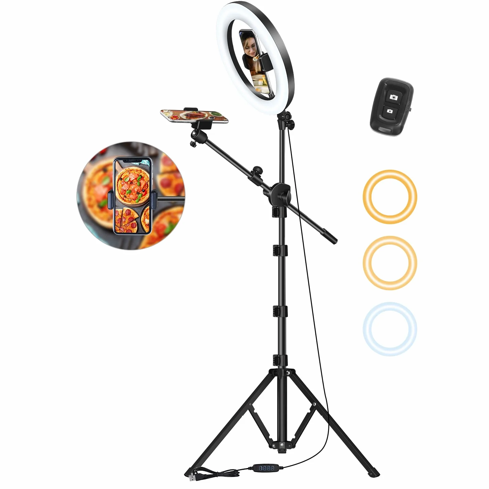 LUXSURE Ring Light con Treppiede 10,5" LED per Smartphone, Doppio Supporto 2 Telefoni, Braccio per Riprese dall'Alto
