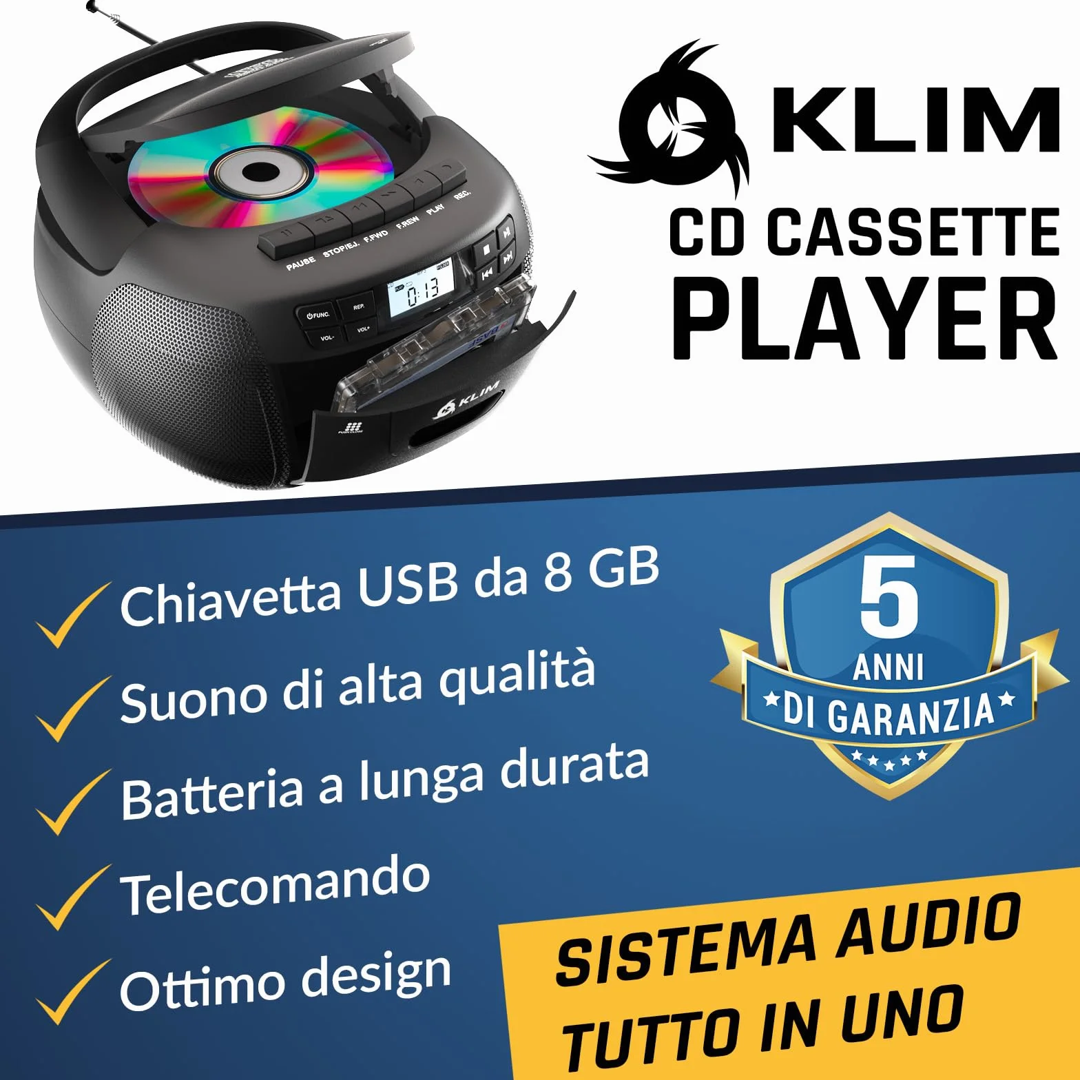 KLIM Lettore CD con USB Lettore Cassette Audio AM/FM Radio Bluetooth Stereo CD Player Telecomando Registrazione su Nastro AUX Radio Stereo per Casa Alimentazione AC/DC