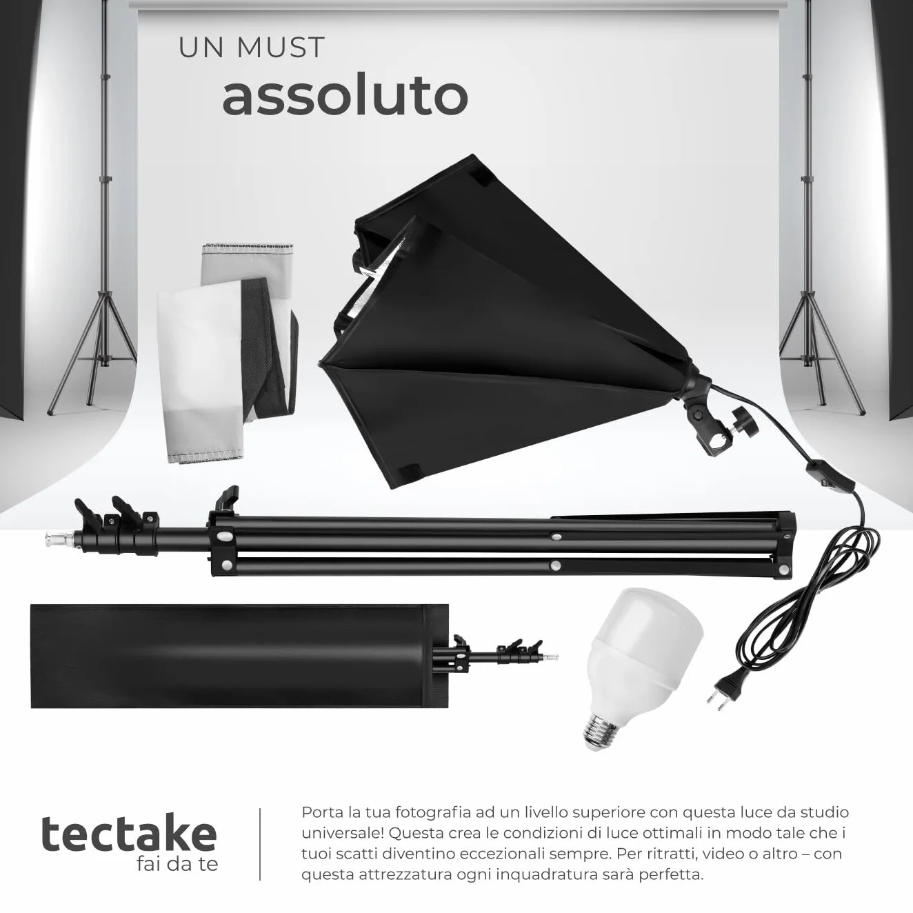 tectake® Luci da Studio Fotografico, Set Fotografico Portatile, Luce per Foto, 1 Stativo per Luci, 1 Lampada, 1 Softbox, Supporto in Alluminio, 1 Borsa per Trasporto – Nero