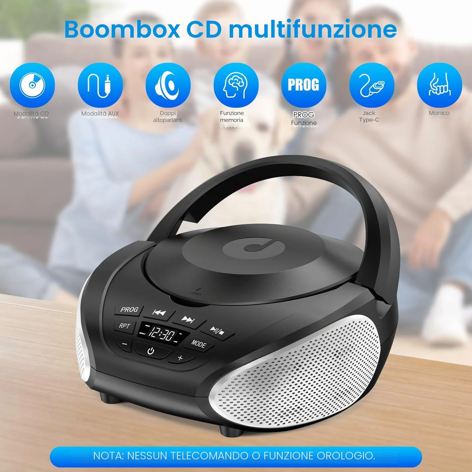 Gueray Lettore CD Portatile Boombox - Radio CD Compatto con Altoparlanti Stereo, Radio FM, Ingresso AUX 3.5 mm, Jack per Cuffie e Display LCD per Interni, Esterni, Viaggi & Audiolibri (Nero + Argento)