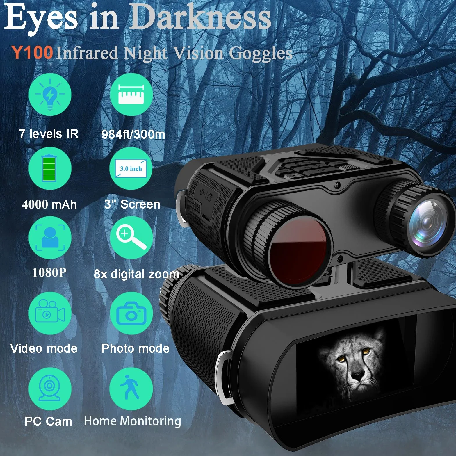 Binocolo Visione Notturna, 32 GB Scheda di Memoria Visore Notturno 3" TFT 8X Digitale Zoom 7-LIVELLI Infrarossi Vista 300M al 100% Buio per la Caccia Osservazione Uccelli e Campeggio