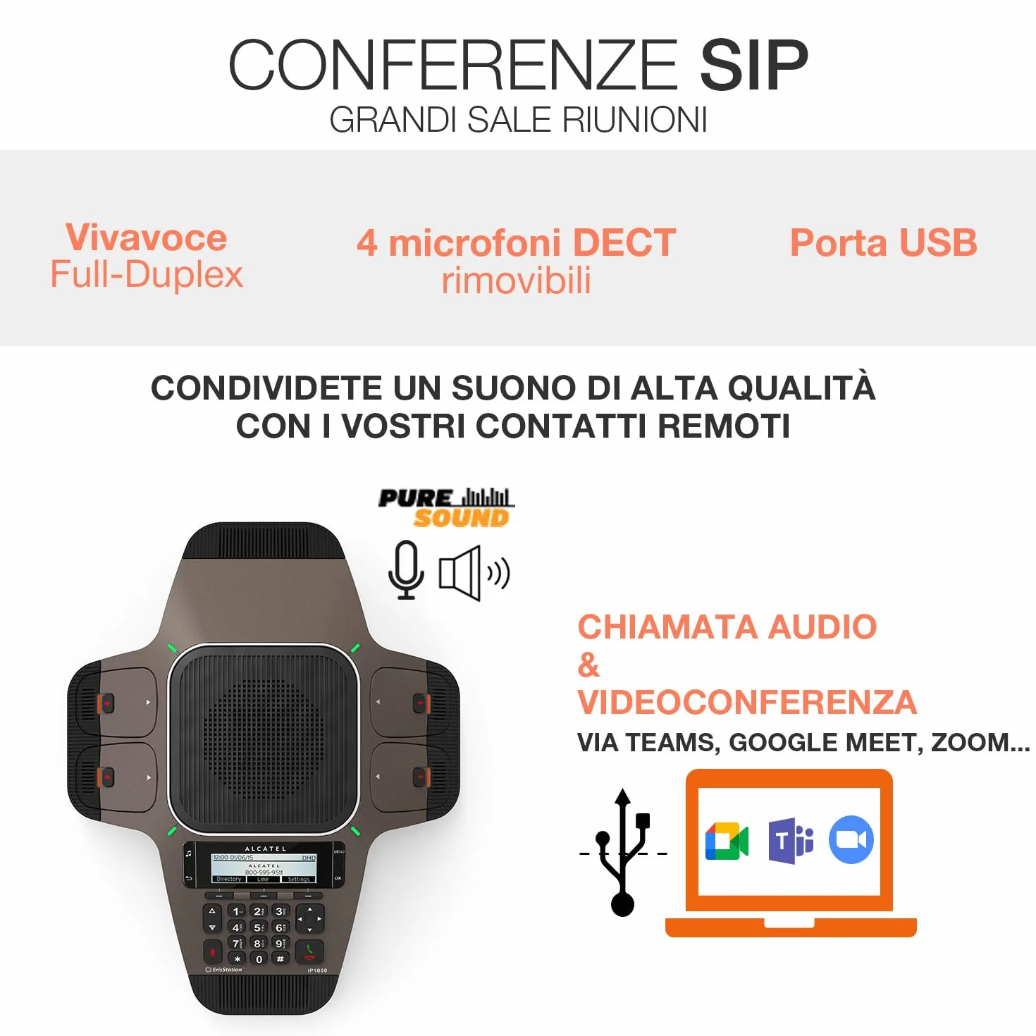 ALCATEL CONFERENCE IP1850 - Dispositivo SIP ad alta qualità audio - 4 microfoni DECT rimovibili - USB - Vivavoce Full Duplex - 3 account SIP - Display Retroilluminato - Rubrica Remota - PoE