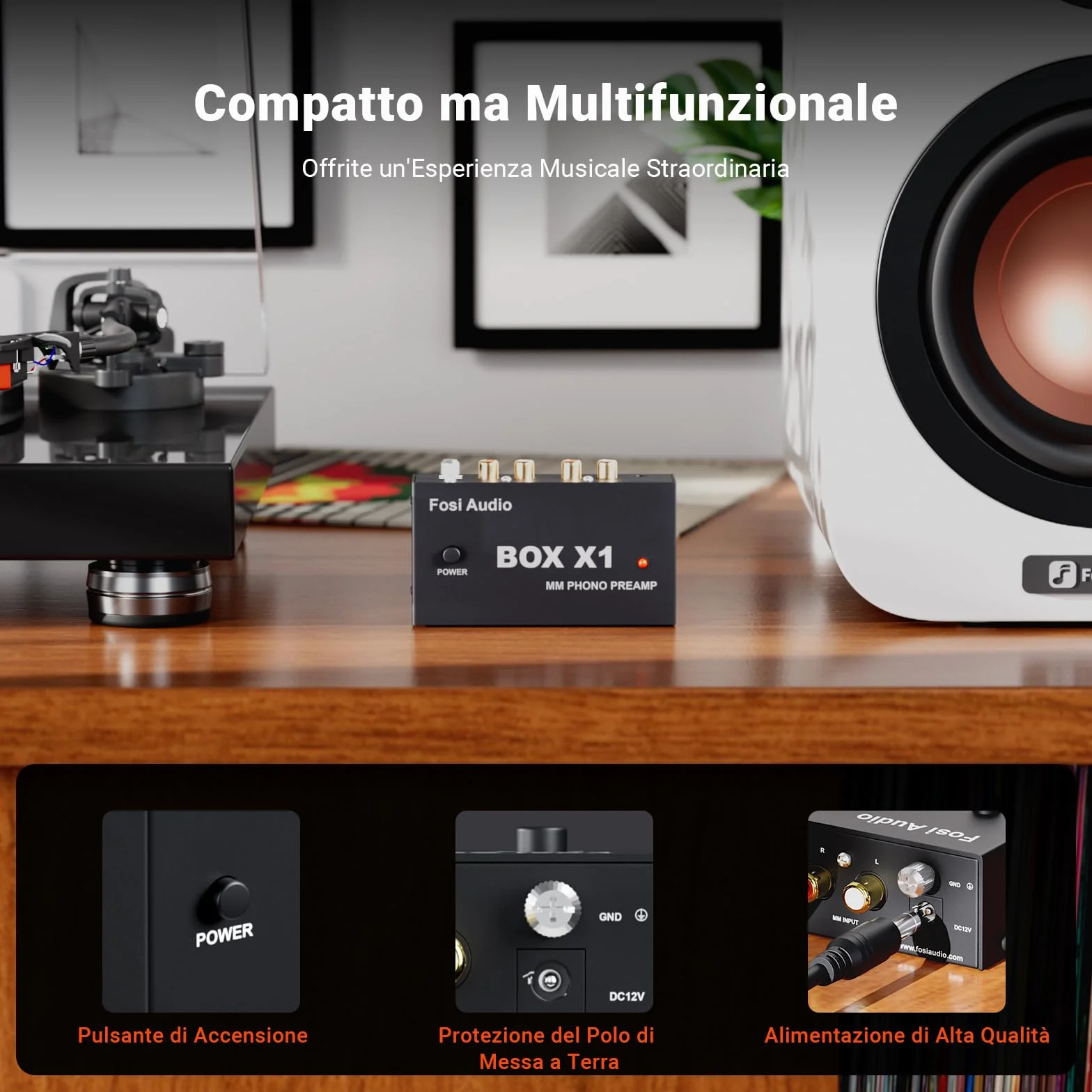 Fosi Audio BOX X1 Preamplificatore Phono MM, Mini Giradischi Hifi con Uscita Cuffia 3.5mm RCA/TRS, Alimentazione 12V