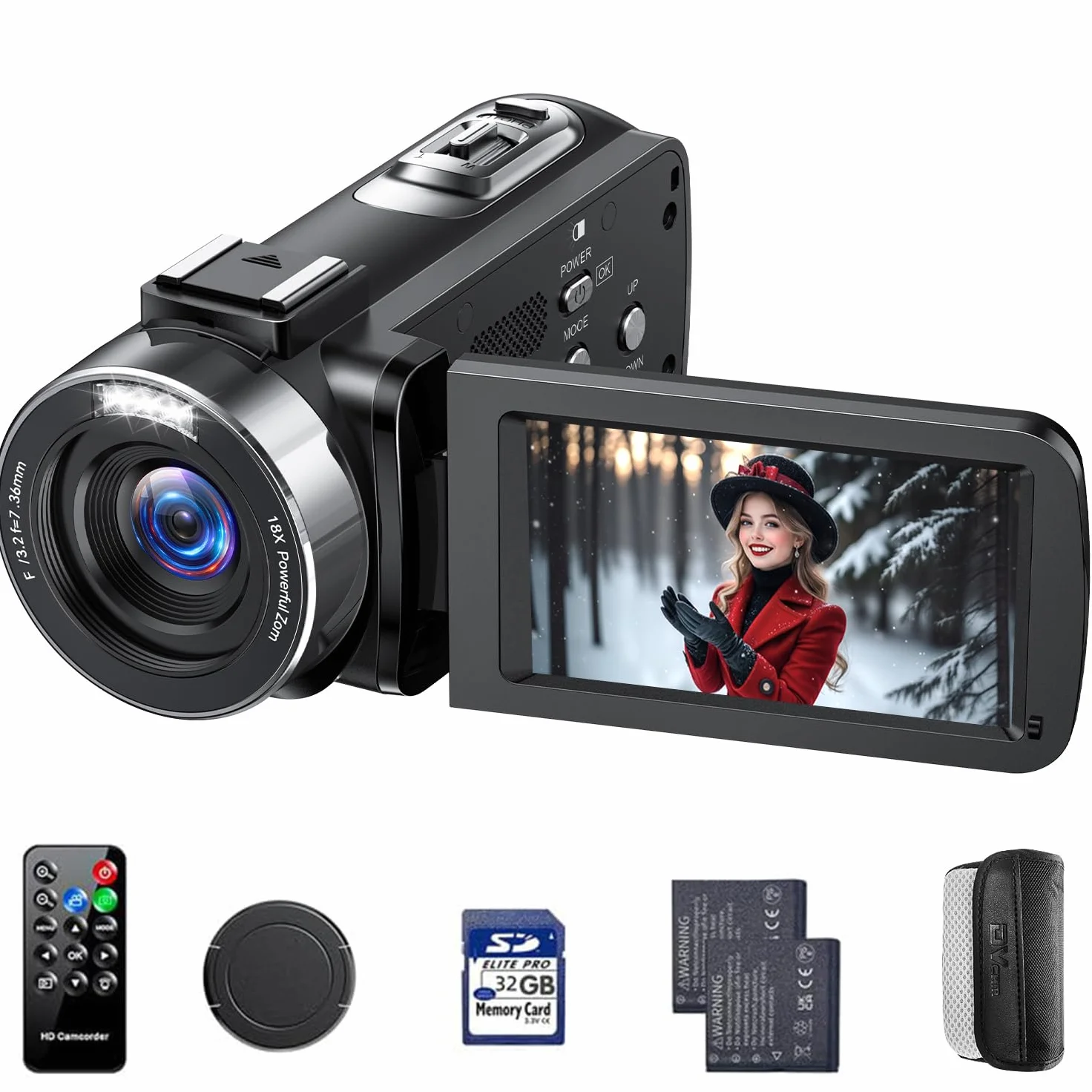 Videocamera 4K, 42MP Vlog Camera con Zoom Digitale 18x e Display Rotabile 3 Pollici 270° - Videocamera Digitale con Luce LED, Funzione Webcam, 2 Batterie, Scheda SD 32GB e Telecomando