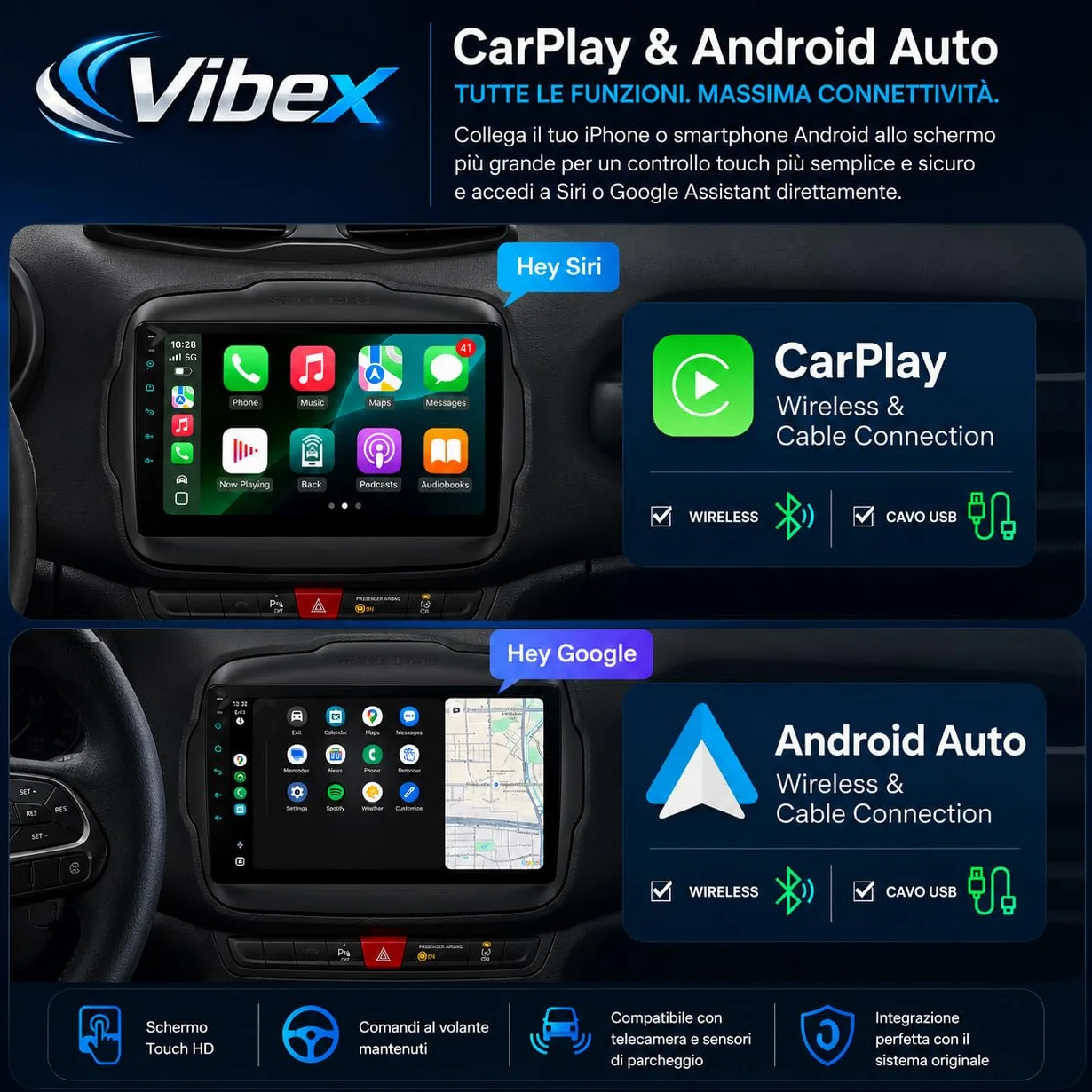 VIBEX Autoradio 9" Android per Jeep Renegade 2014 2015 2016 2017 2018 2019 2020, Wireless Apple CarPlay Android Auto, Navigazione GPS, Bluetooth, WiFi, Schermo Touchscreen, Supporto Retrocamera