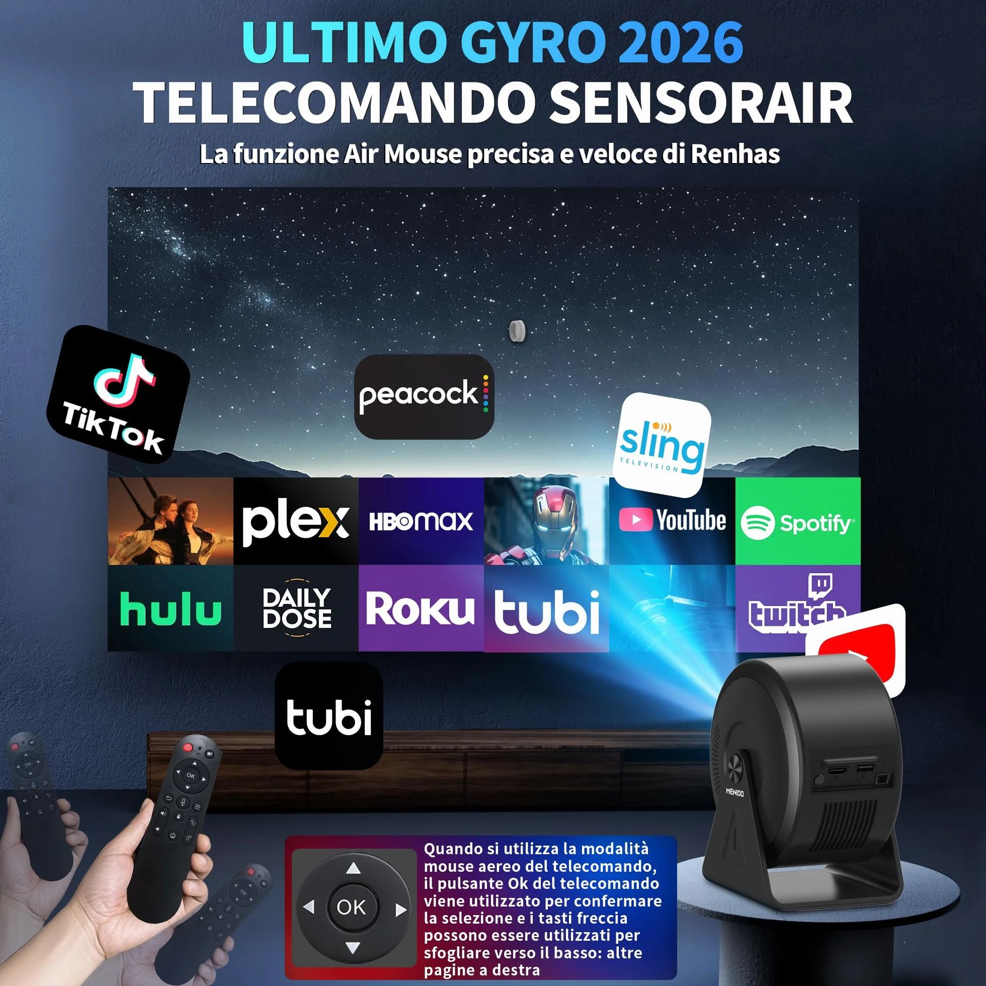 Mini Projector [Integrated Apps & 2026 Upgraded] Supporto 4K 1080P, Portable Projector Auto Focus/Keystone avec WiFi 6 et Bluetooth 5.4 Correction 360°Rotation, Mini Proiettore Home Theater - Grigio