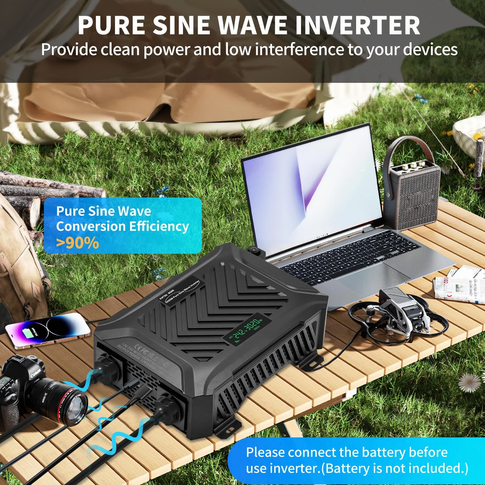 DATOUBOSS Inverter Onda Sinusoidale Pura 12V/24V a 220V Convertitore Universale Onda Pura 3000W con sistema di rilevamento intelligente, con LCD Display, interfaccia USB, Type-C e 2 presa UE
