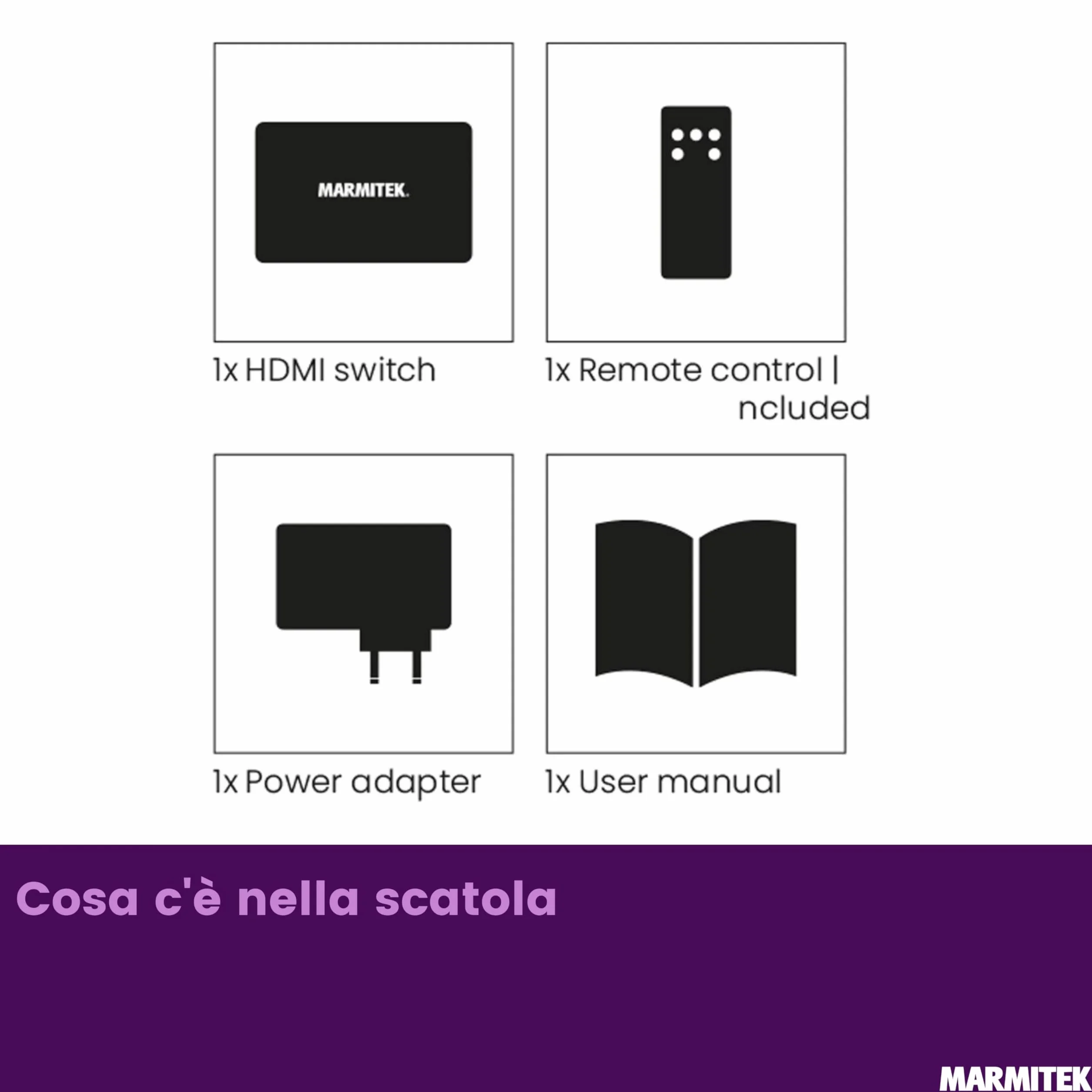 Switch HDMI 8K60 Marmitek Connect 740-4K120 gaming - HDMI 2.1 4 ingressi 1 uscita - 48 Gbit/s VRR ALLM QMS QFT - commutazione automatica - telecomando