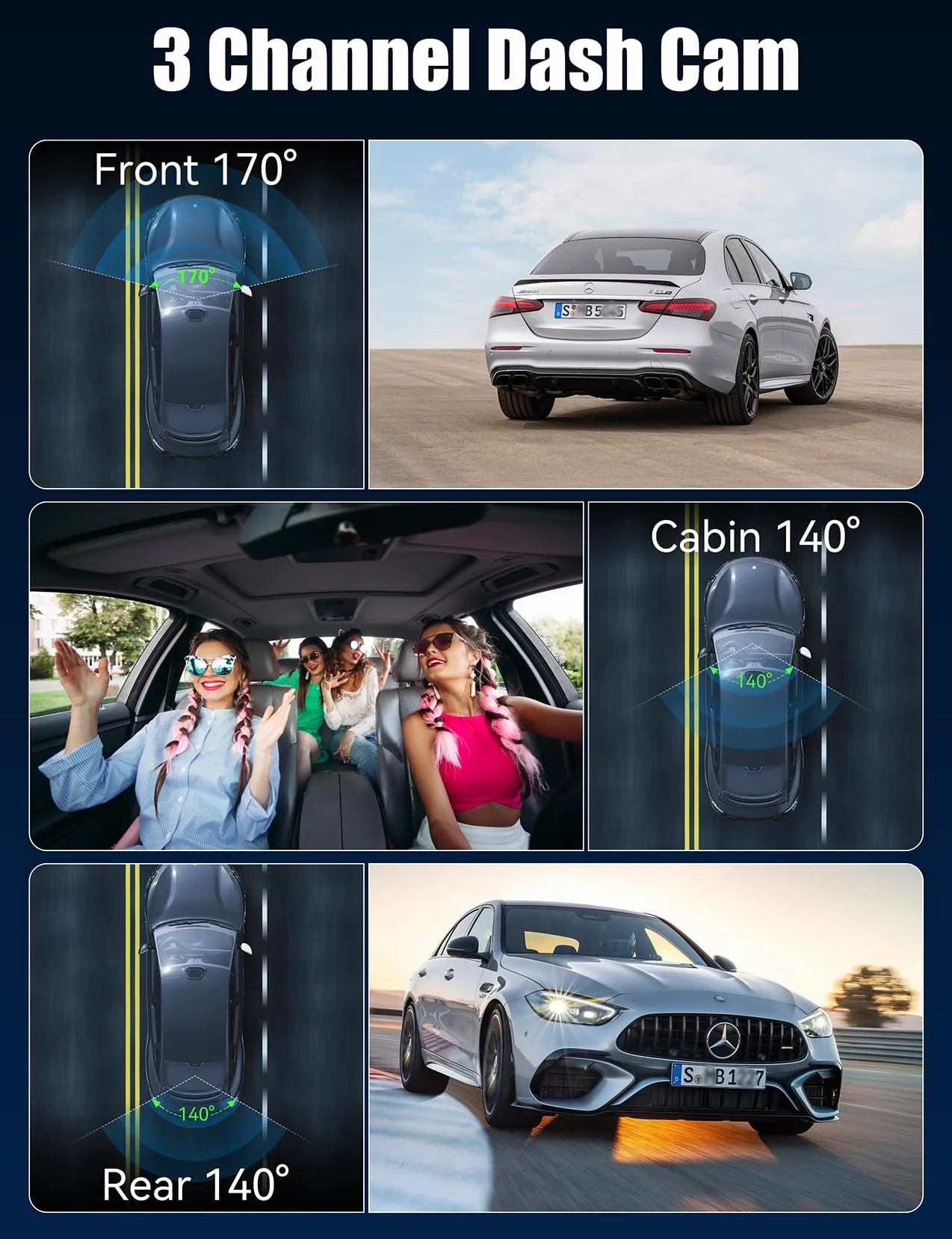 Dashcam 4K 3-Canali, 3,17" Display IPS Dash Cam, Telecamera Auto con WiFi & App, Grandangolo 170°, Sensore G, Visione Notturna, Registrazione in Loop, Monitoraggio Parcheggio,Scheda SD da 64 GB