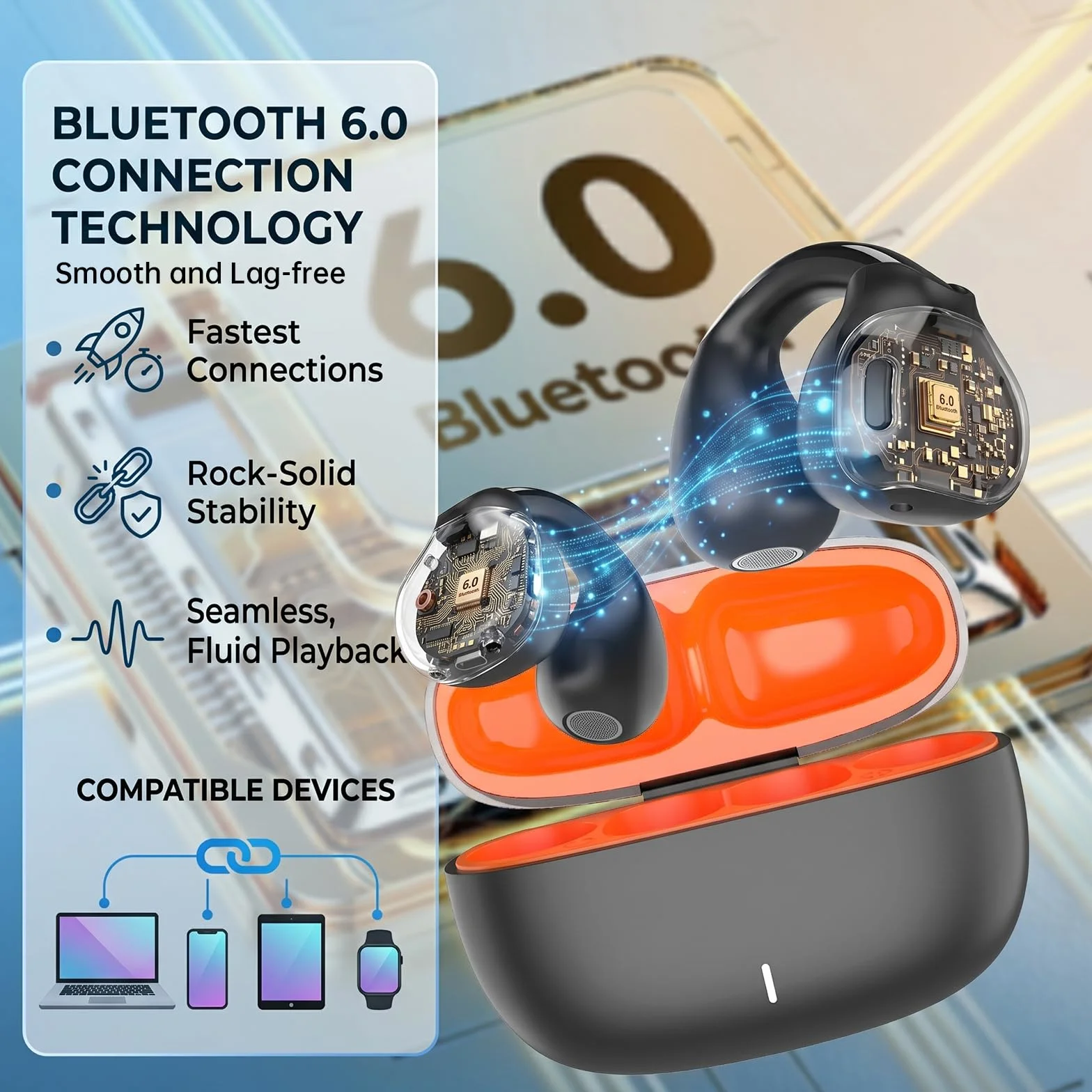 Cuffie Bluetooth 6.0 con clip, auricolari aperti con pulsanti fisici e microfono ENC, vestibilità sicura per corsa e allenamento, audio HiFi, 32 ore di riproduzione