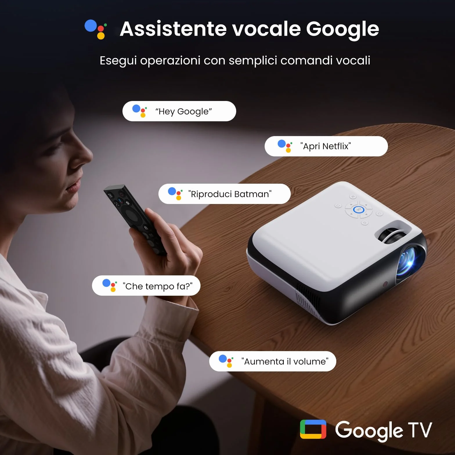【Google TV/Assistente Vocale/Dolby】Proiettore 4K, HAPPRUN 1000 ANSI 1080P Full HD Smart Videoproiettore con Netflix/Disney+ Ufficiale, WiFi6 e Bluetooth 5.2 per Home Cinema Esterno