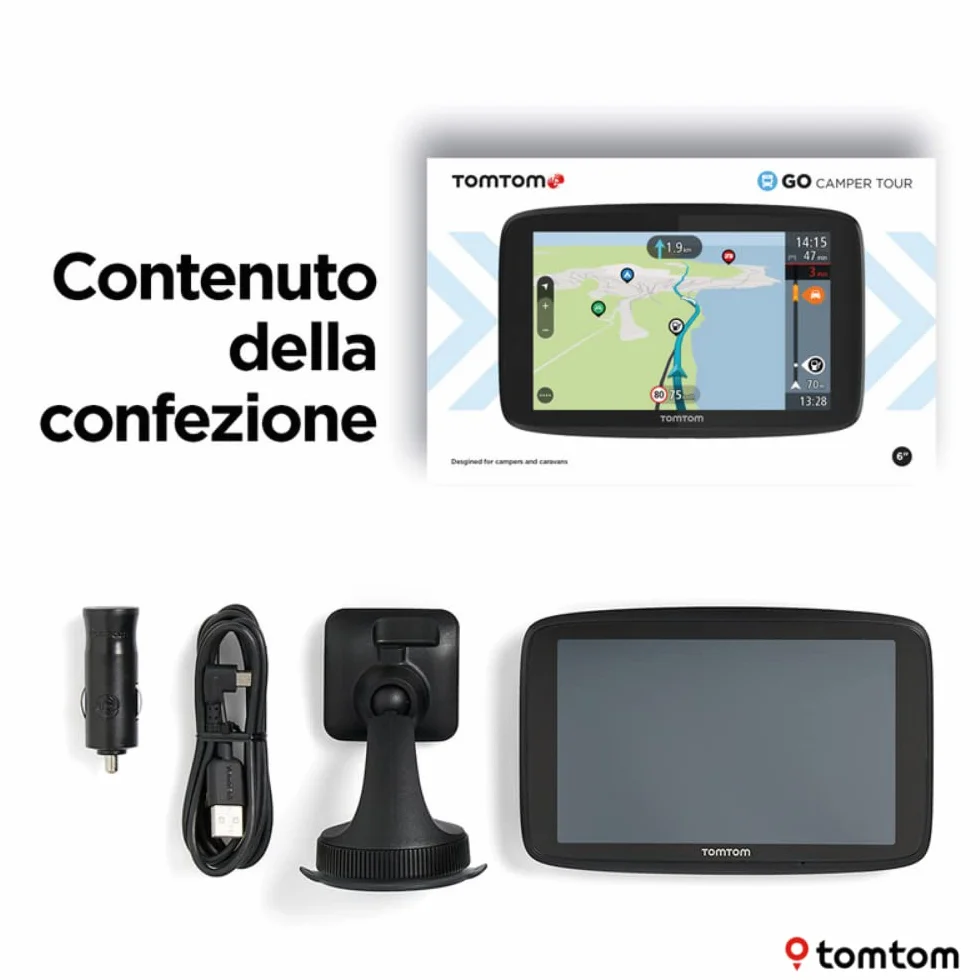 TomTom Navigatore satellitare per camper e roulotte GO Camper Tour (schermo da 6", PDI dedicati per camper e roulotte, aggiornamenti Wi-Fi, TomTom Traffic, avvisi autovelox e mappe dell'Europa)