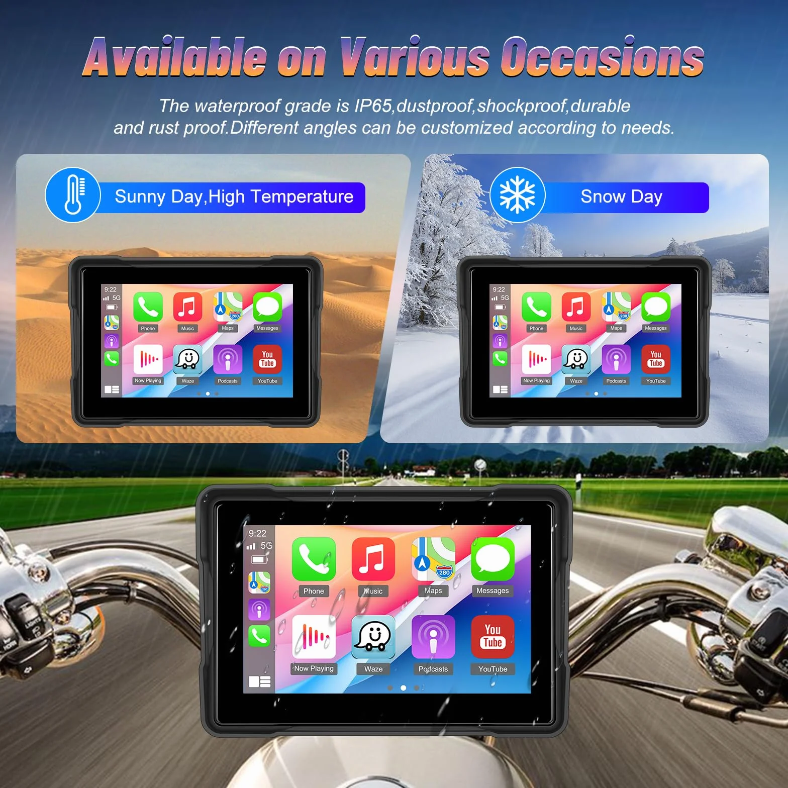 Schermo CarPlay Portatile 5" IP67 Android Auto Touch Screen Impermeabile Doppio Bluetooth GPS