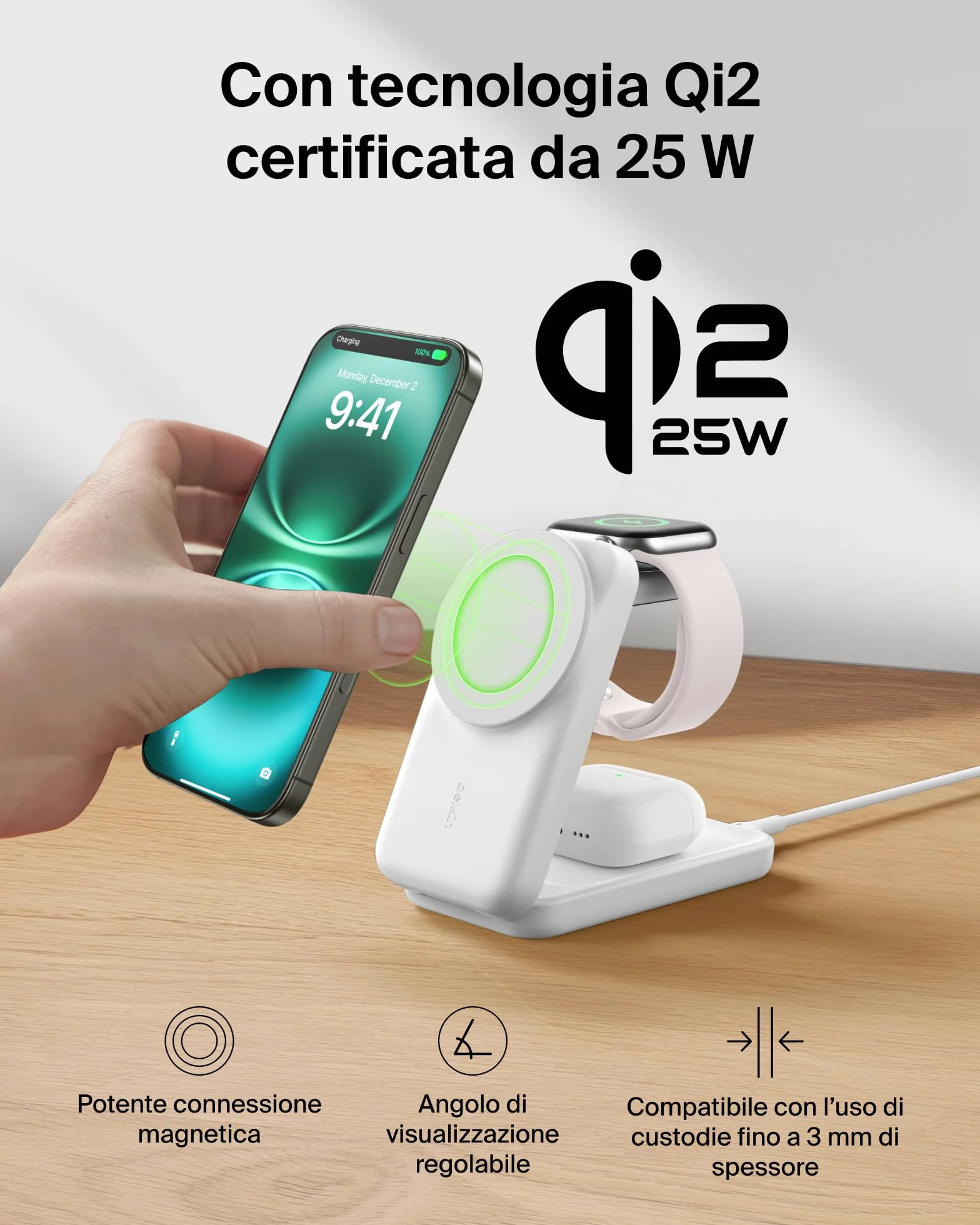 Belkin UltraCharge Caricatore Wireless Magnetico Qi2, Stazione di Ricarica 3 in 1 25W, Caricatore Compatibile con MagSafe per iPhone 16, Apple Watch, AirPods, Pixelsnap con Adattatore 45W, Bianco