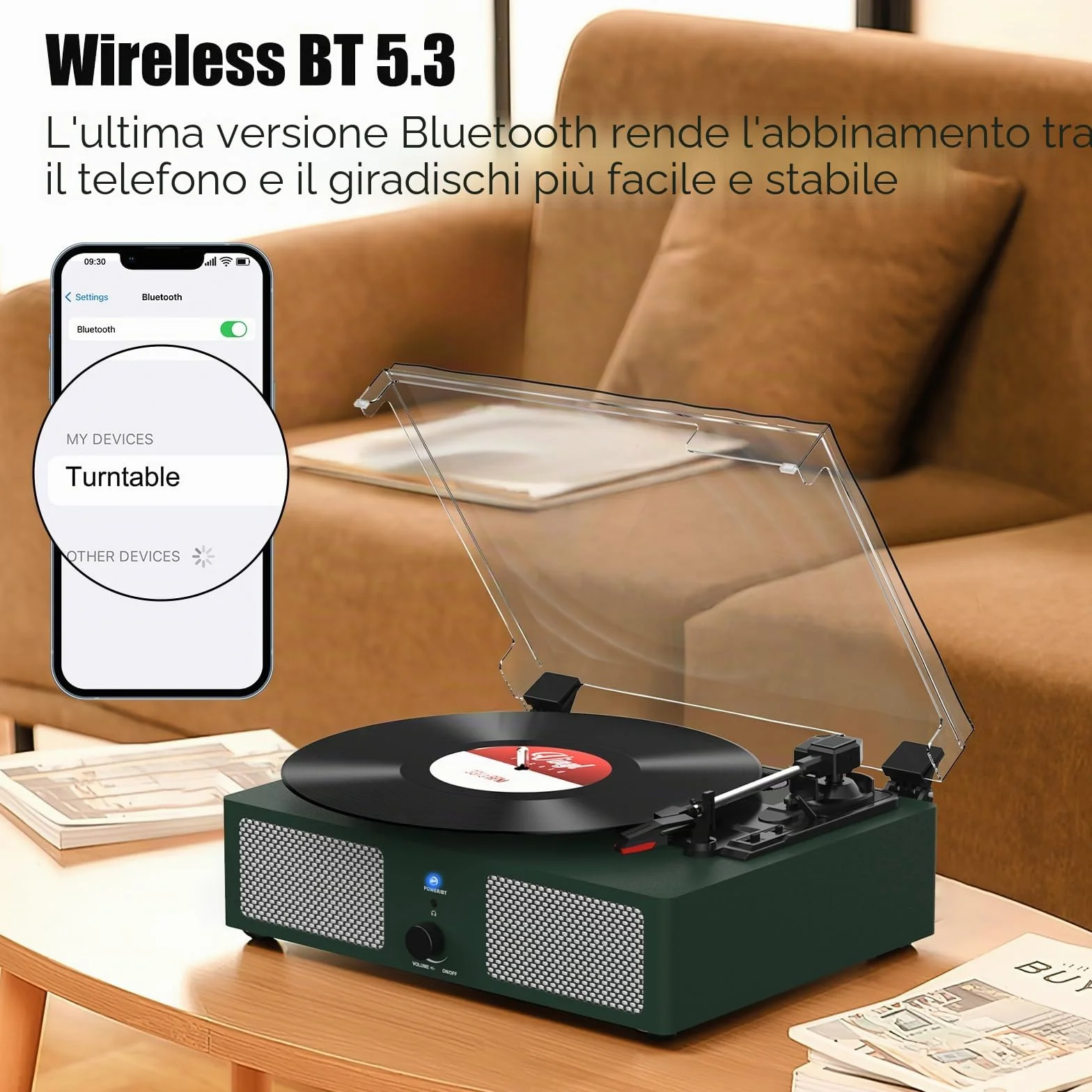 Udreamer Giradischi Bluetooth con Altoparlanti Integrati, Fonografo Vintage 3 Velocità, Verde