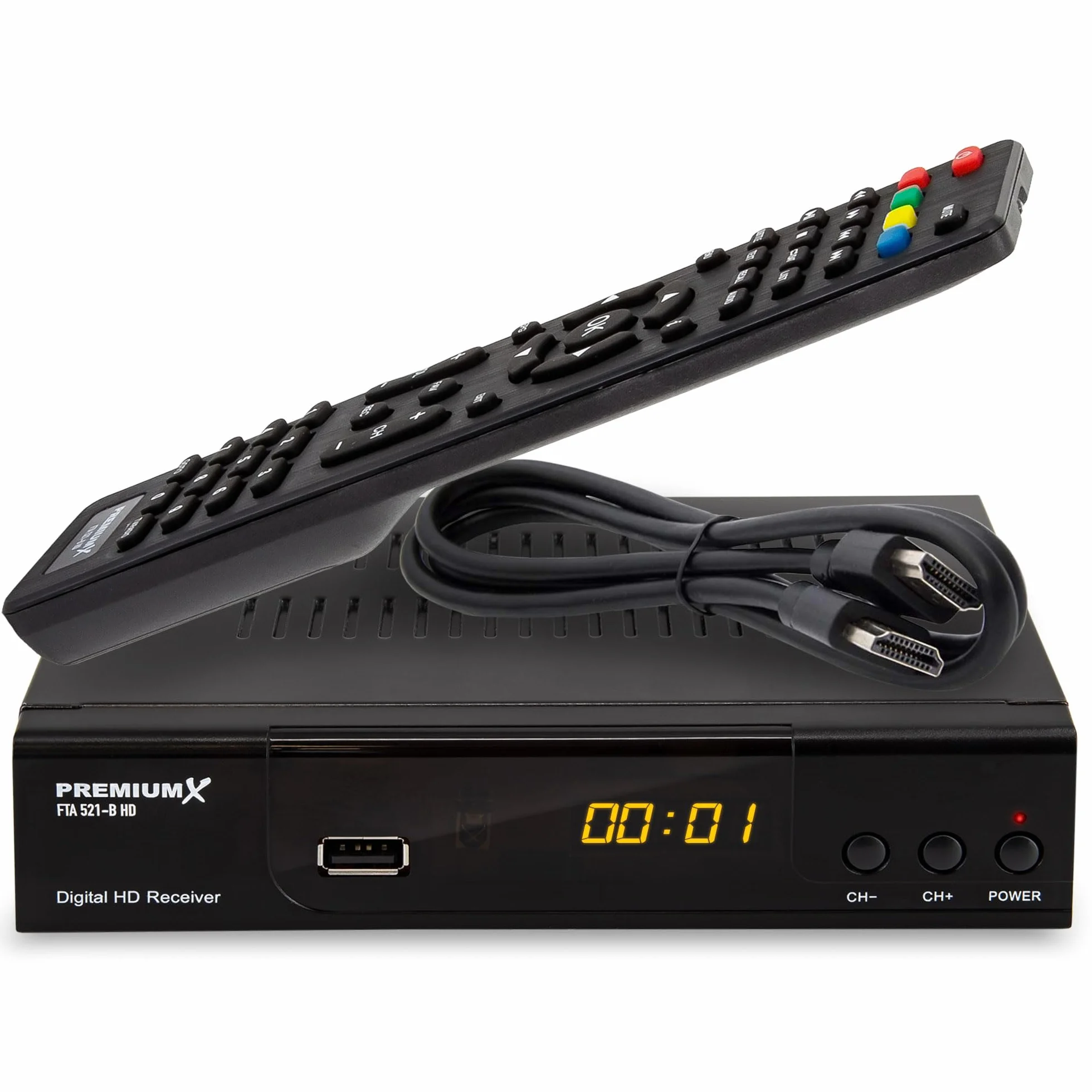 PremiumX - Ricevitore satellitare HD 521 FTA Digital SAT TV DVB-S2 FullHD HDMI SCART 2X USB, lettore multimediale, 12V, alimentatore esterno