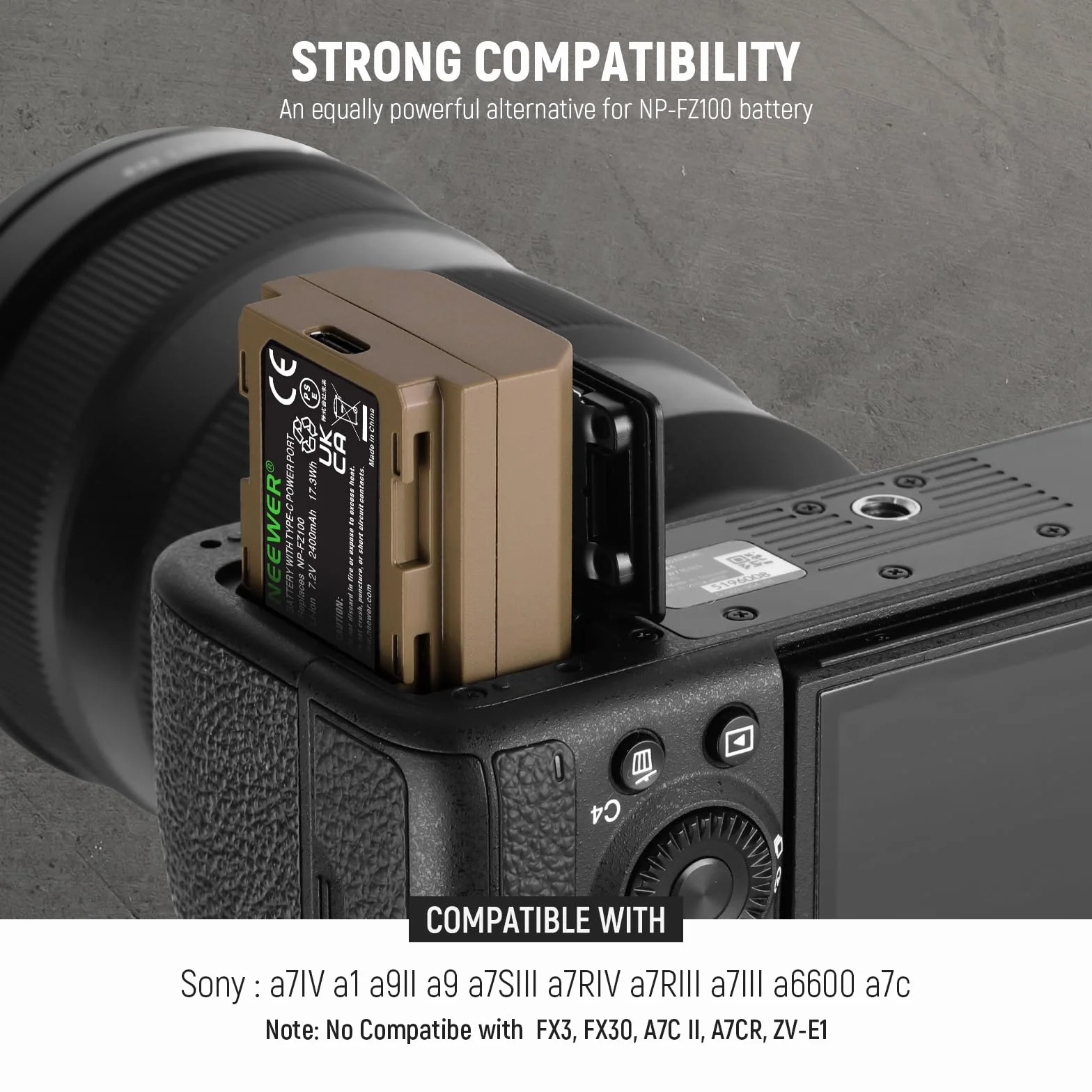NEEWER NP-FZ100 2400mAh Batteria per Sony A7CII A7III ZV-E1, Cavo di Ricarica USB-C, Compatibile con Sony A7CII ZV-E1 A7III A7IV FX3 FX30 A6700 A1 A7C A7CR A7RIV A7RV A7SIII A9II A9 Fotocamere