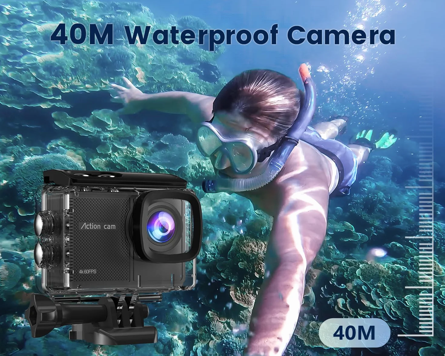 Action Cam 4K60FPS 48MP HD con Scheda SD 64GB,40M Macchina Fotografica Subacquea,Zoom 8x Videocamera,EIS,WiFi,Telecomando,2 * 1350 mAh-POV Senza Mani per Sport Estremi(Accessori Inclusi)