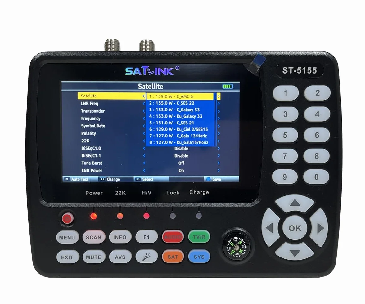 ST-5155 Misuratore di segnale via cavo satellitare e terrestre DVB-S/S2/T/T2/C Misuratore combinato Supporto HD 1080P MPEG-2/4 H.264/H.265 (10 bit), QPSK, 8PSK, 16APSK, 32APSK